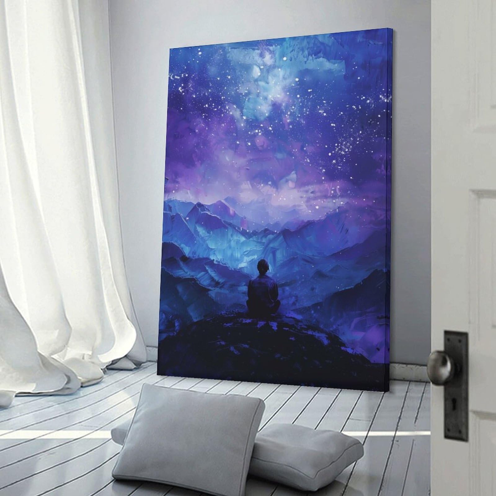Junmoney Frame-Style-21 Decorative Wall Artwork Starry Night Mountaintop, 12X18inch(30X45cm), For New Homes, Bedrooms Or Workspaces, Canvas Artwork With Gifting Potential