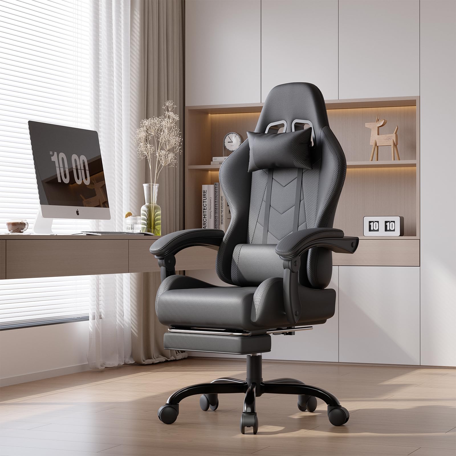 JUMMICO Chaise de gaming ergonomique avec coussin lombaire de massage - Dossier réglable de 90 à 135 ° et repose-pieds - Charge maximale : 150 kg - Noir