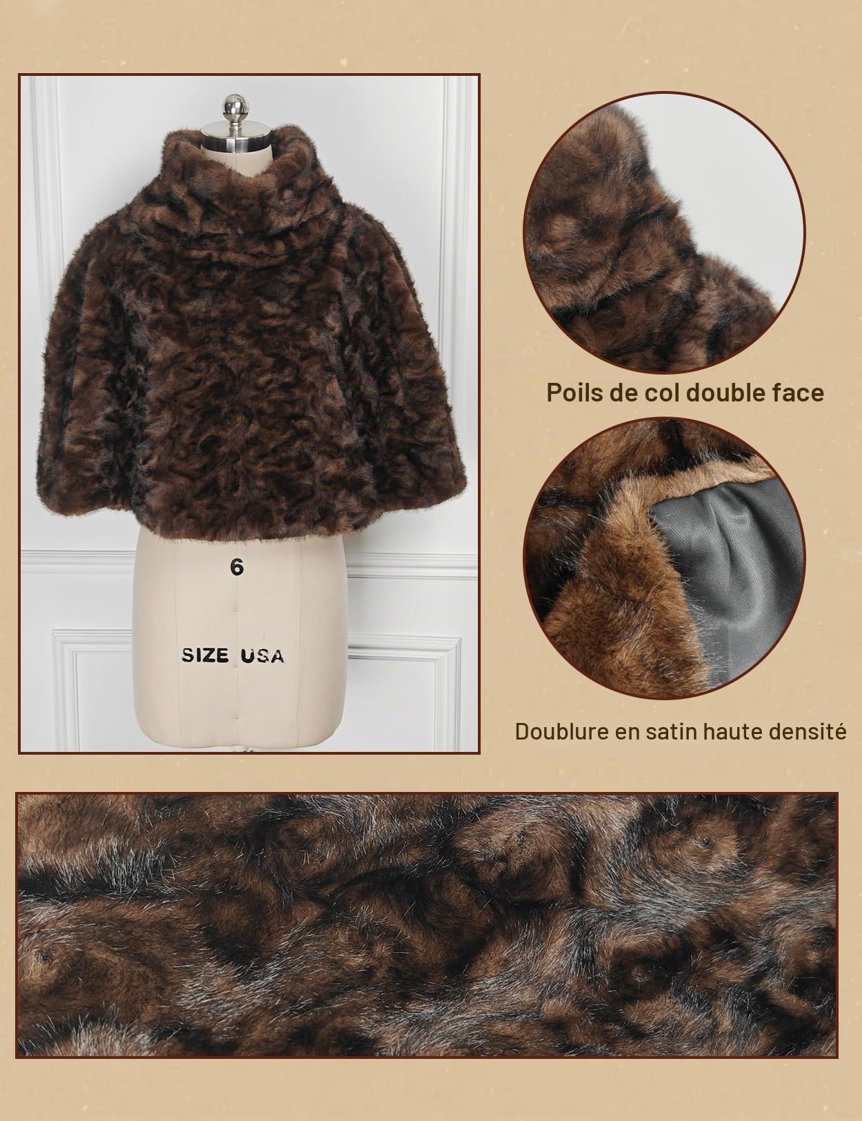 BEAUTELICATE Poncho Cape en Fausse Fourrure Manteau Col Roulé Chaud Boléro Châle Étole Luxe sans Manches pour Soriée Mariage De Hiver Deguisement De Médiévale Noël