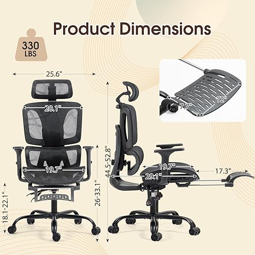 Miniatura 3 de Silla de oficina ergonómica con soporte lumbar ajustable, reposabrazos y reposacabezas 3D, silla reclinable de 135 con reposapiés, silla giratoria