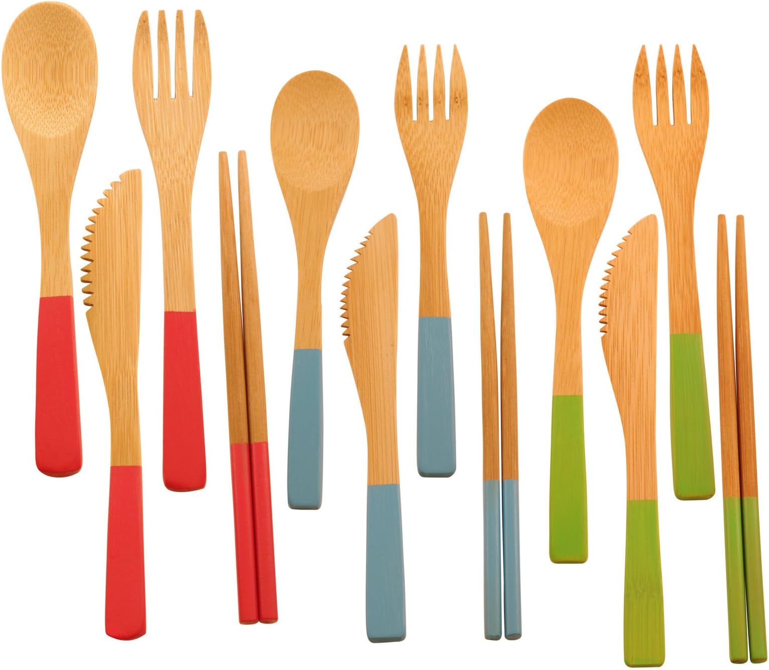 Bamboo Flatware Cutlery Set To Go - 3 Pack - Eco Friendly - 4 Piece: Fork, Knife, Spoon & Chopsticks - For Travel, Camping, Hiking and Picnics