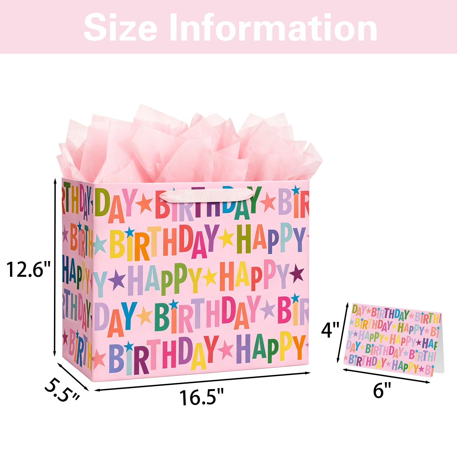Juego de bolsas de regalo de cumpleaños extragrandes de 16.5 pulgadas con tarjeta de felicitación y papel de seda, diseño de letras coloridas para celebraciones de cumpleaños de niñas, niños y adultos