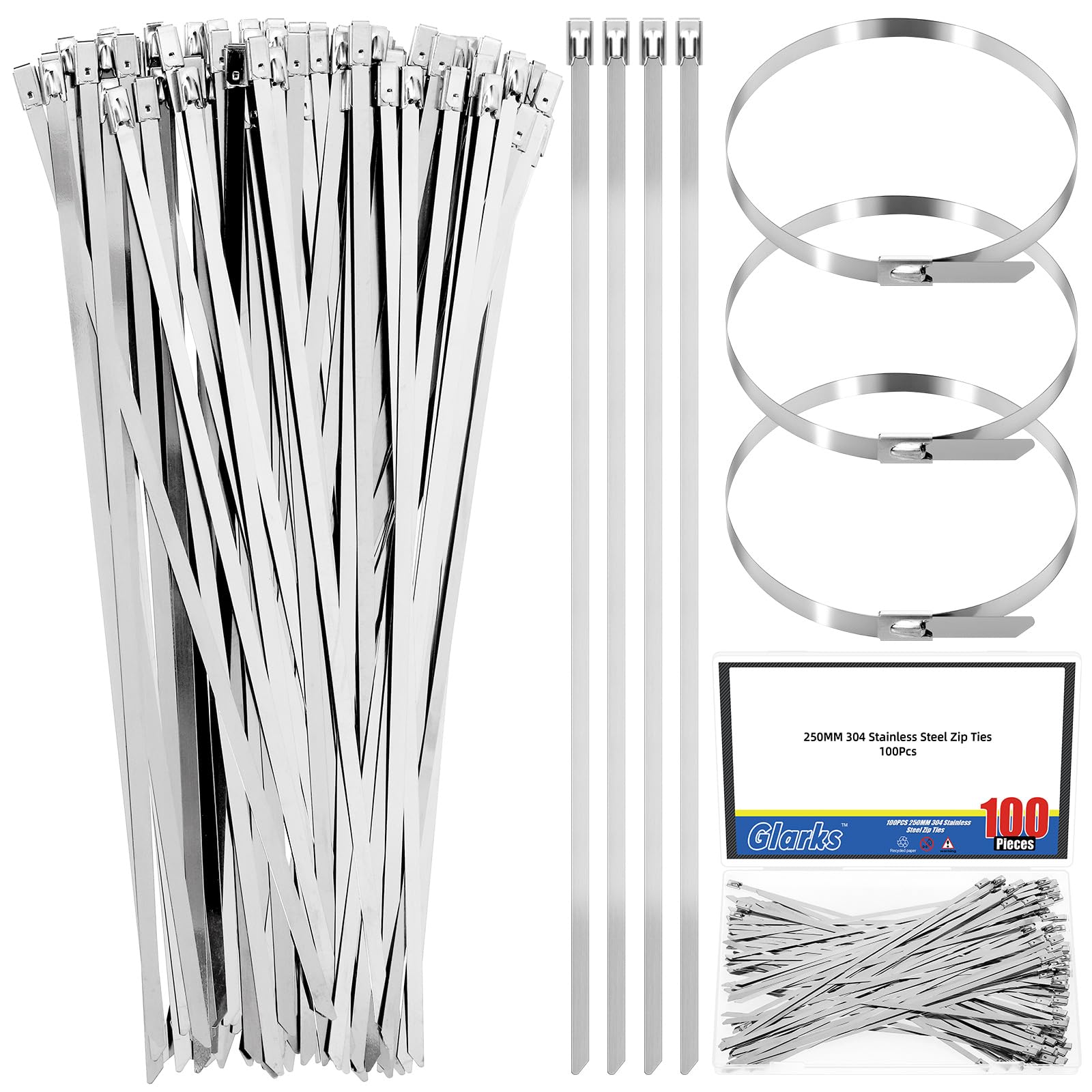 Glarks 100pcs 4.6 x 250mm 304 Stainless Steel Zip Ties Kit, Multi-Purpose Self-Locking Cable Ties, Metal Wire Ties for Machinery, Vehicles, Farms, Pipes, Roofs, Cables, Home, Garden