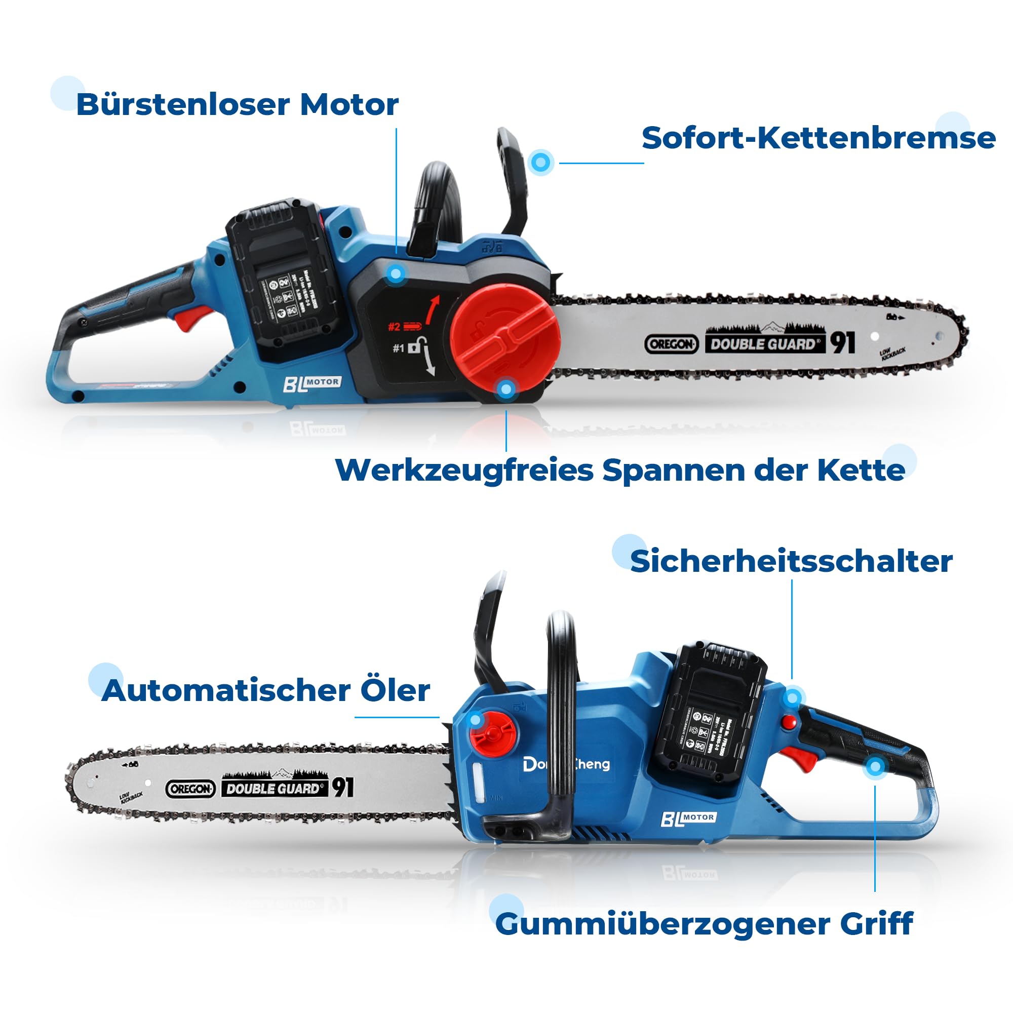 Dong Cheng Bürstenlose Akku Kettensäge 40V(2×20) V mit Oregon-Führungsschiene und Kette, werkzeuglose Kettenspannung, 38cm Schnittlänge, 14m/s Kettengeschwindigkeit für Holz und Gartenarbeit