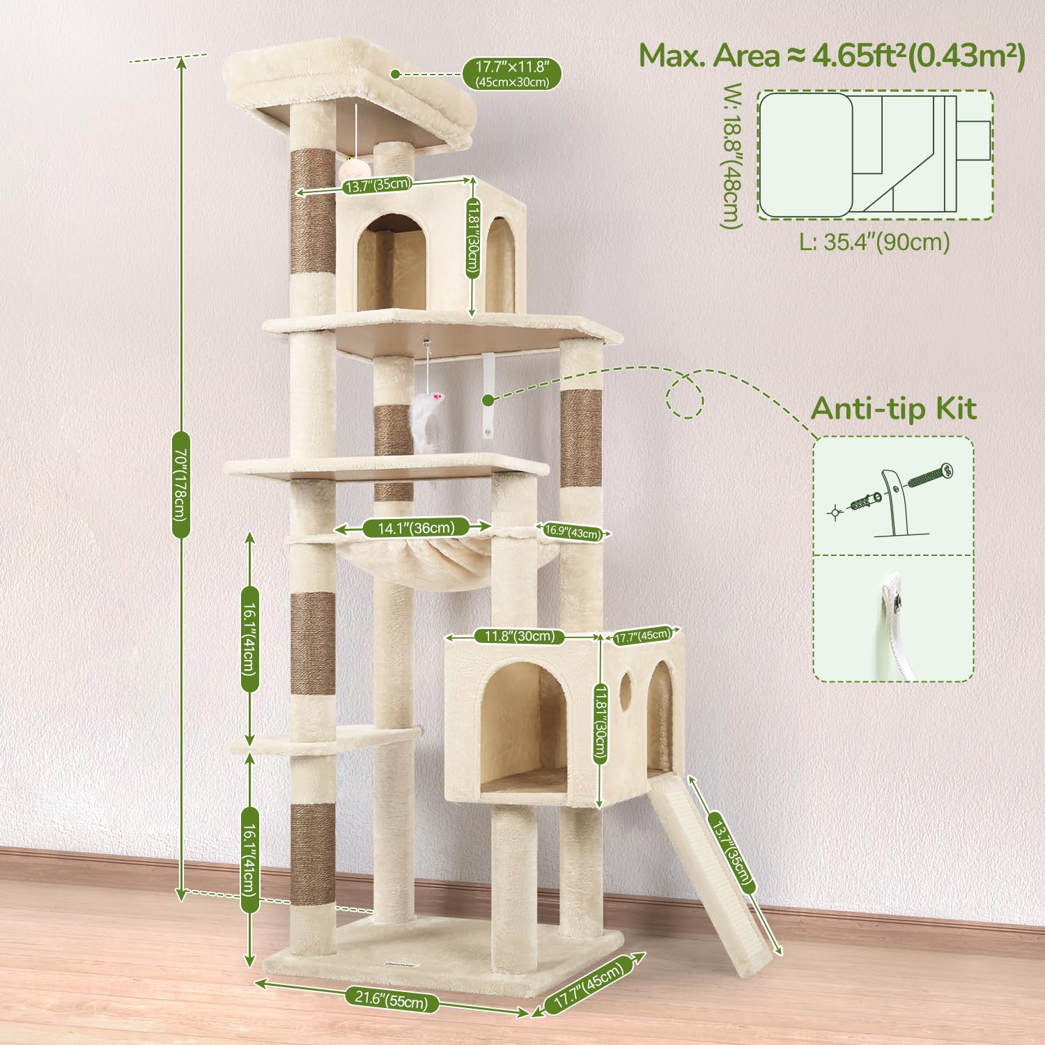 Globlazer Arbre a Chat Grand Hauteur 178 cm avec Doux Hamac, 2 Grandes Niches, Plateforme, Pente Sisal Peluche, Jouets, Arbres à Chat Coin Solide pour Gros Chats Repos Jeu Escalade (F70 Pro, Beige)