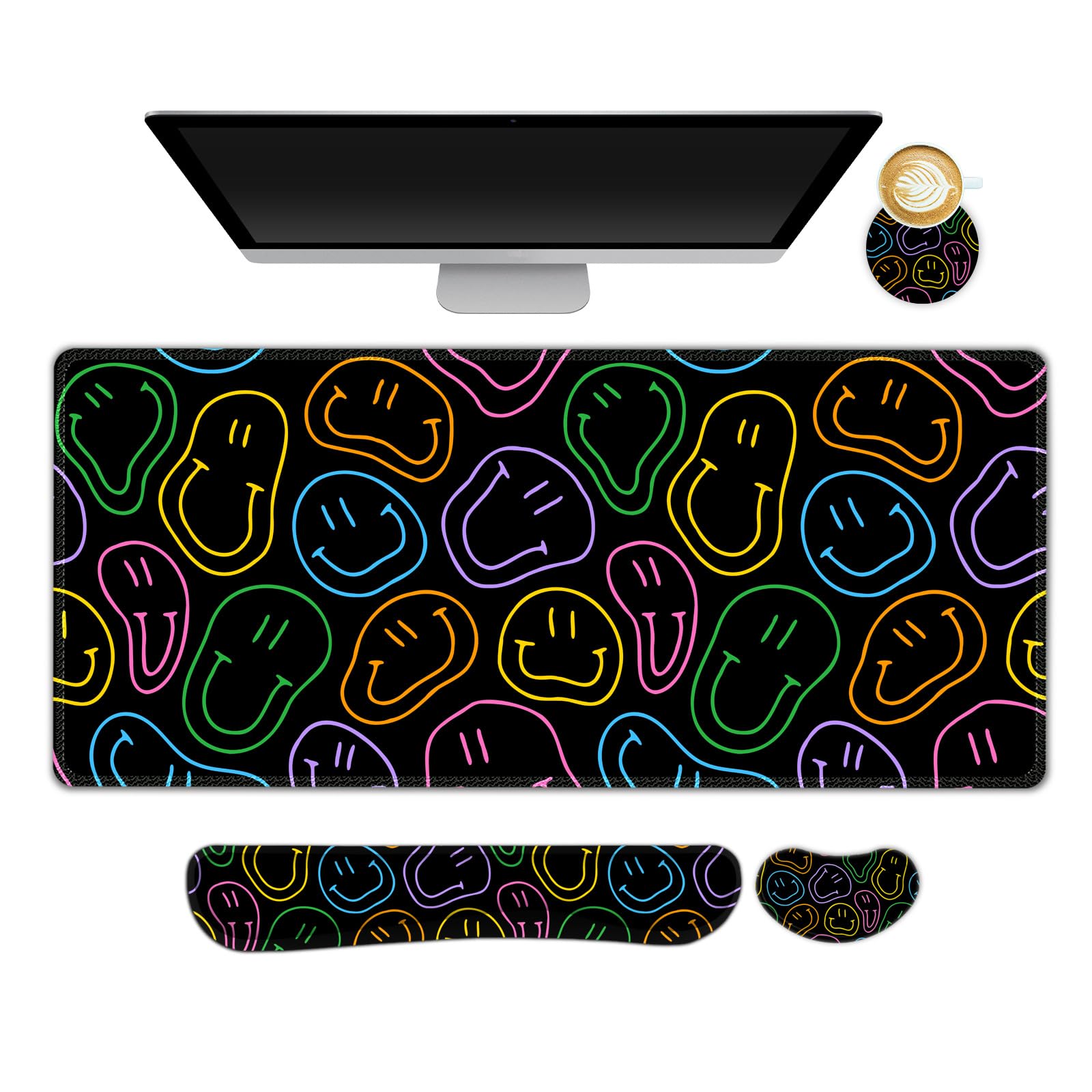 Large Gaming Mouse Pad Set: 4 in 1 Extended Keyboard Desk Mat with Wrist Rest, Cute Computer Mousepad Set, Non-Slip Desk Pad Protector Easy Typing Pain Relief for Home Office-Black Retro Smiley Hippie โ image 1