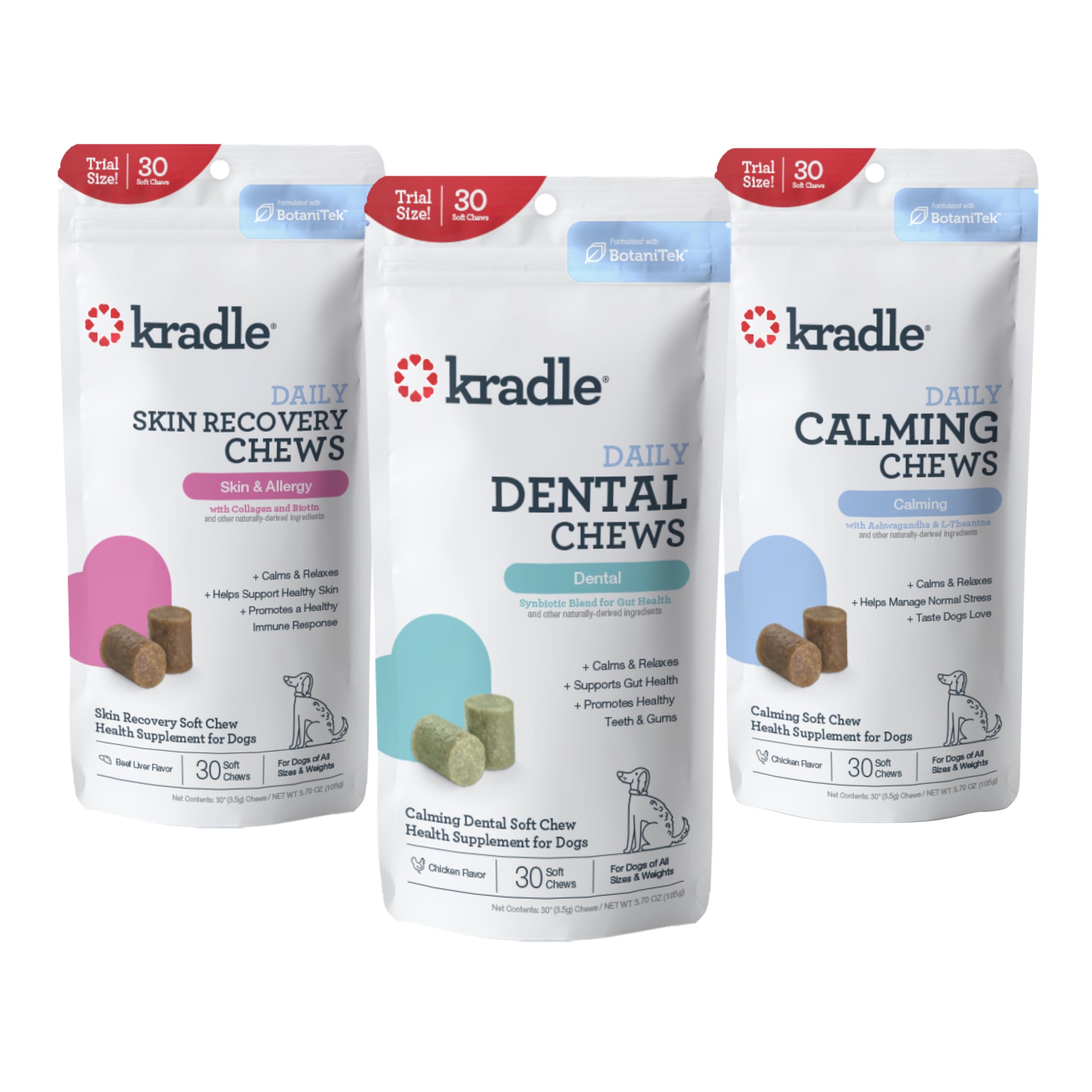Kradle Soft Chew Variety Pack for Dogs - Calming, Skin Recovery and Dental - 90 Chews (30 Each) - All Breeds