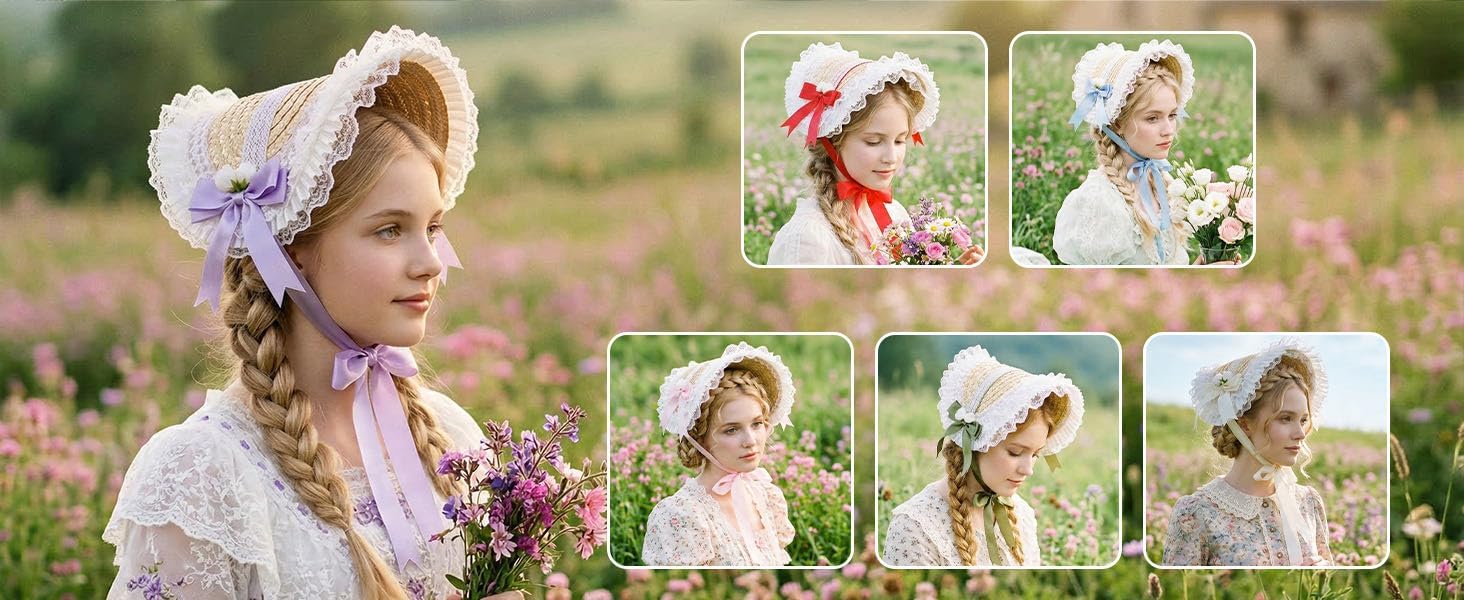 Victorian Women's Tea Party Sun Hat - Lolita Bows Florals Flat Straw image 4