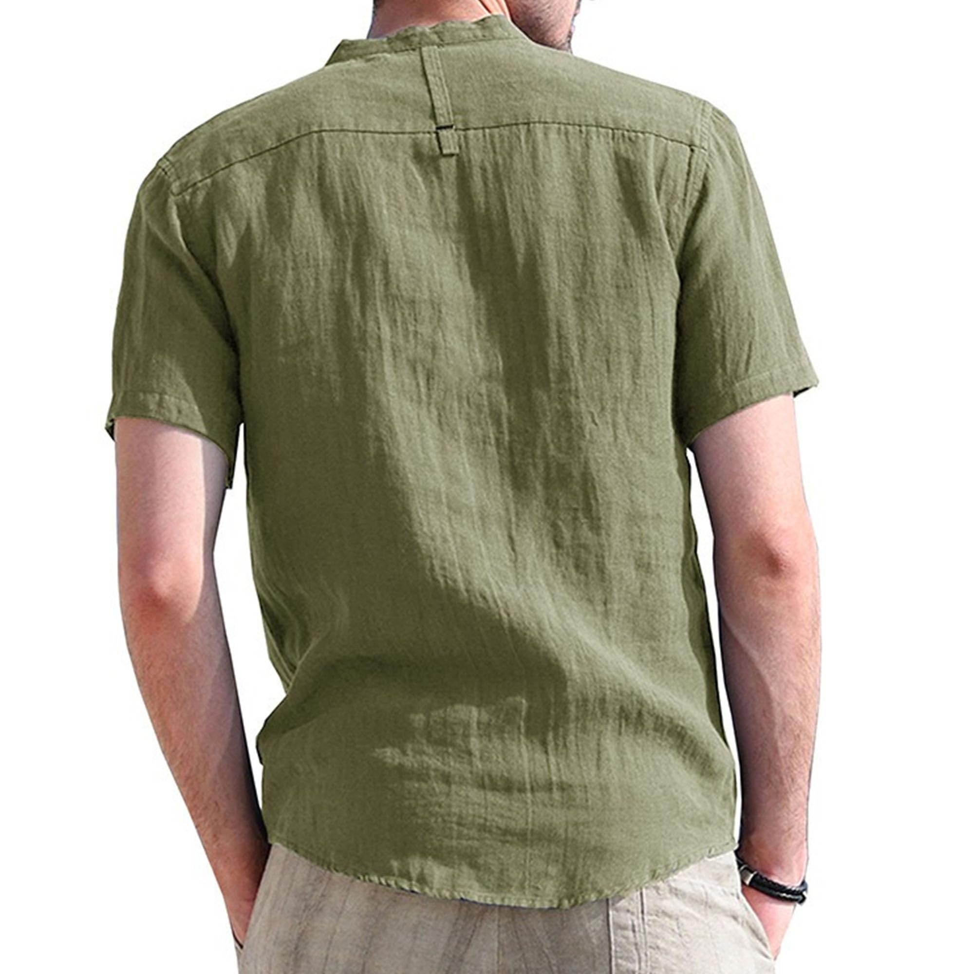 Men Henry Collar Solid Short Sleeve T Shirt Quarter Button Daily Style Shirts Summer Loose Breathable Pullovers Top (Navy Green,Large)