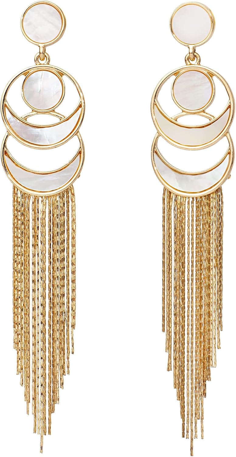 Moon Earrings, Crescent and Full Moon Phase Dangle Earrings with Mother of Pearl and 14k Gold Chain, Hypoallergenic, White, Geometric, Unique Bridal Jewelry