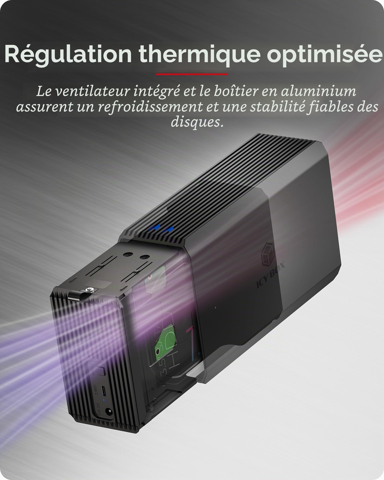 ICY Box (système Raid pour 2 disques durs/SSD 2,5"/3,5") USB 3.2 Gen 1 Type-C 5 Gbit/s, Raid 0/1/SINGLE/LARGE, Ventilateur intégré de 50 mm, indicateur d'état LED, IB-RD3720-CU3