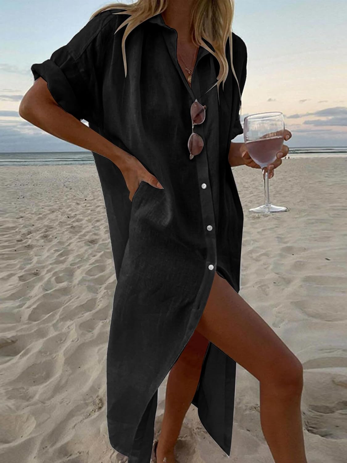 Breezy Lane Swimsuit Coverup for Women Long Button Down Shirt Dress Vacation Wear - Image 2