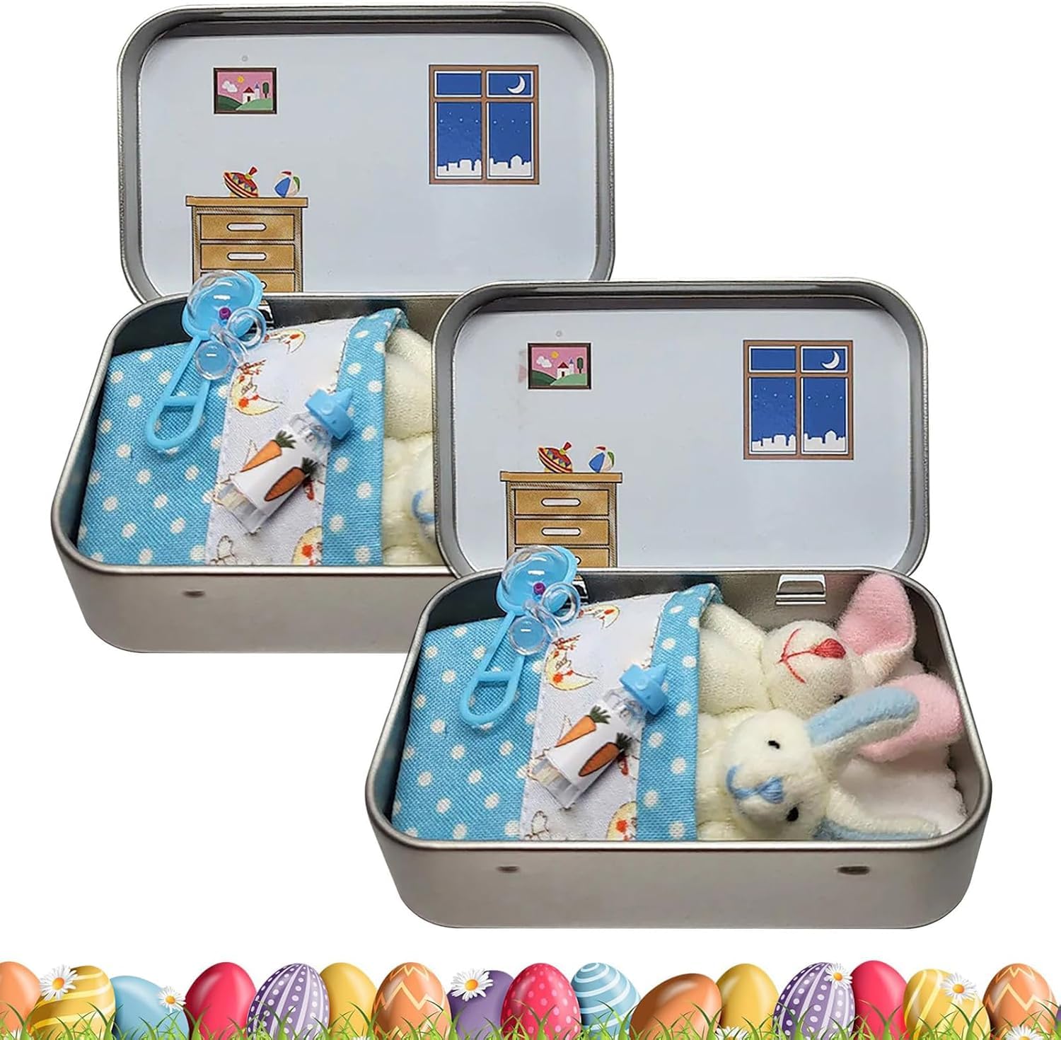 Little Pocket Bunny In A Tin Box, Pocket Bunnies Easter Basket Stuffer, DIY Pet Tin Bunny Adoption, Mini Rabbits in Box,Mini Plush House Easters Baskets Decorative Boxes (Blue-2PCS)