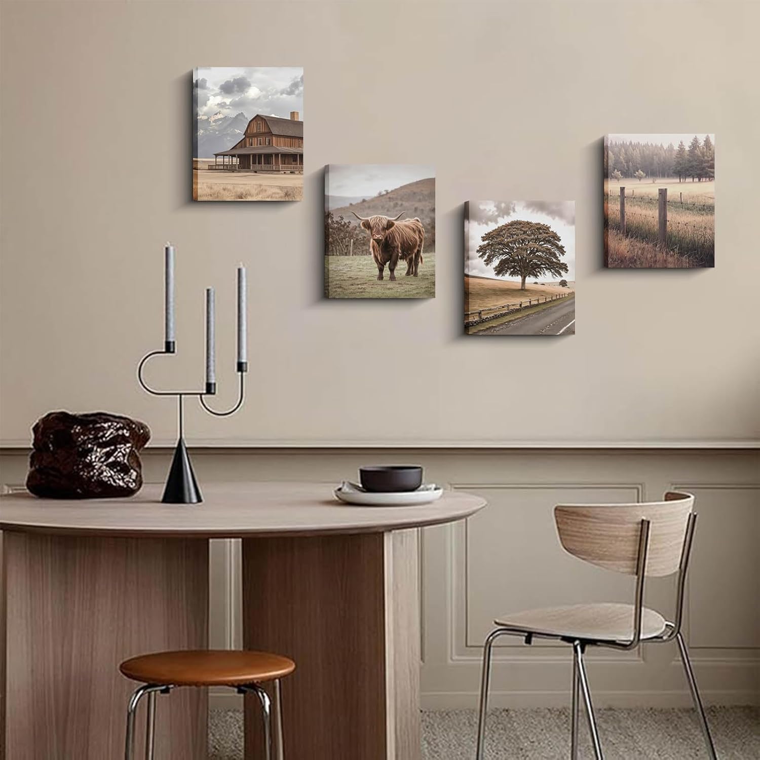Framed Rustic Farm Wall Art, 8x10 Inches Set of 4, Country Landscape with Barn Highland Cow Canvas Prints, Western Decor