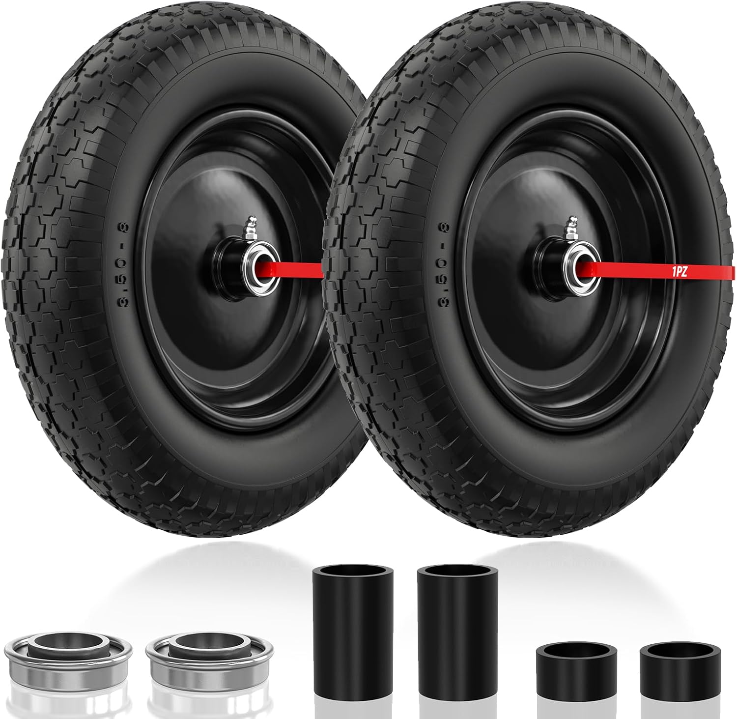 1PZ FWT-W5L 14.5" Flat Free Wheelbarrow Wheels and Tires, 3.50-8" Flat-Free Solid Tire with 5/8" Axle Bore Hole Replacement for Wheelbarrow Lawn Mover Trolley Dolly Go Kart