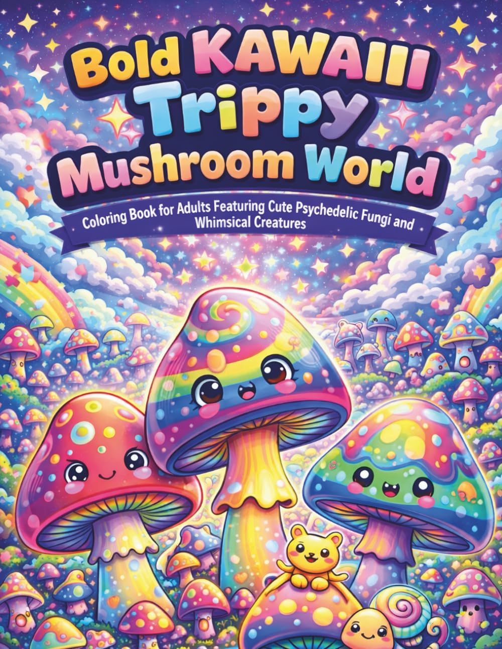 Bold Kawaii Trippy Mushroom World: Coloring Book for Adults Featuring Cute Psychedelic Fungi and Whimsical Creatures