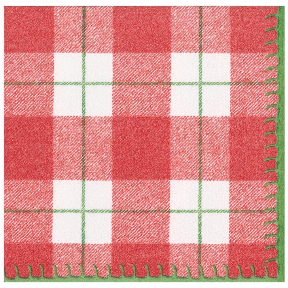 Caspari Plaid Check Paper Linen Dinner Napkins in Red, 12 Per Package