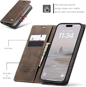 QLTYPRI iPhone 16用 ケース ウォレット カードホルダー付き ヴィンテージ PUレザー キックスタンド マグネット開閉 耐衝撃 フォリオ ブックカバーケース iPhone 16用 - コーヒーブラウン