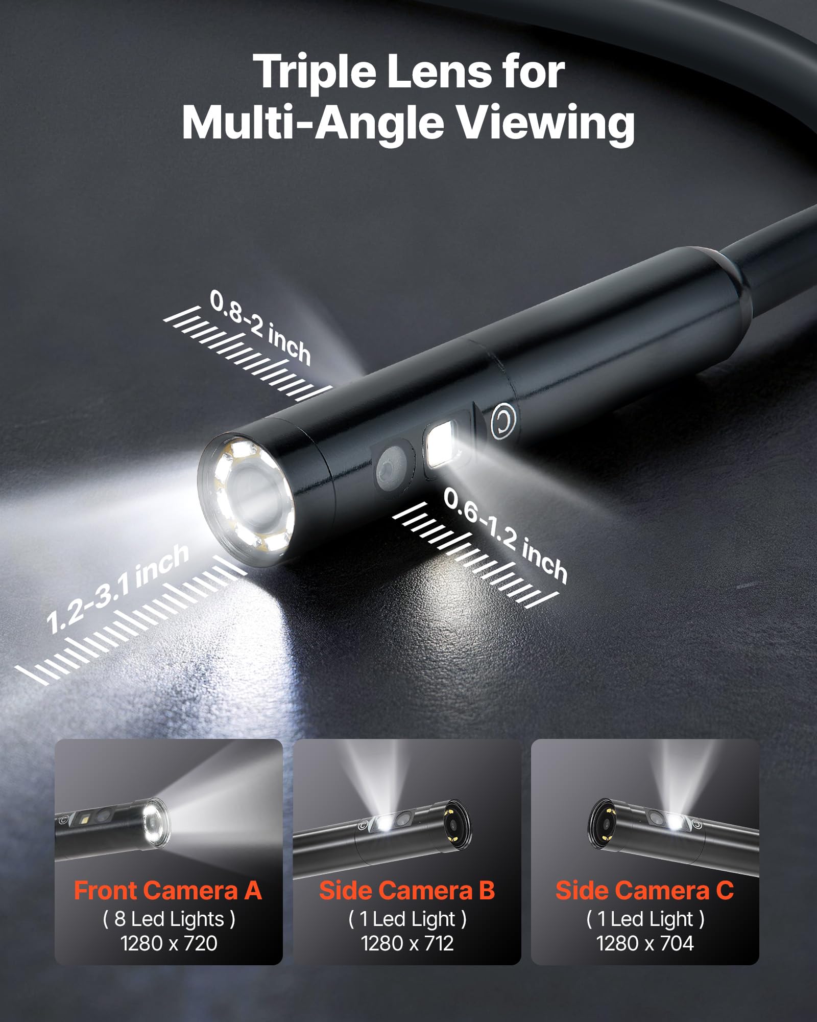 VEVOR Endoscopio Articolato a Tripla Lente, Telecamera Endoscopica Industriale con Luce, Schermo IPS HD da 5'', Zoom 8x, Risoluzione 1280 x 720, Cavo Impermeabile IP67 da 5 m, per Auto e Idraulica