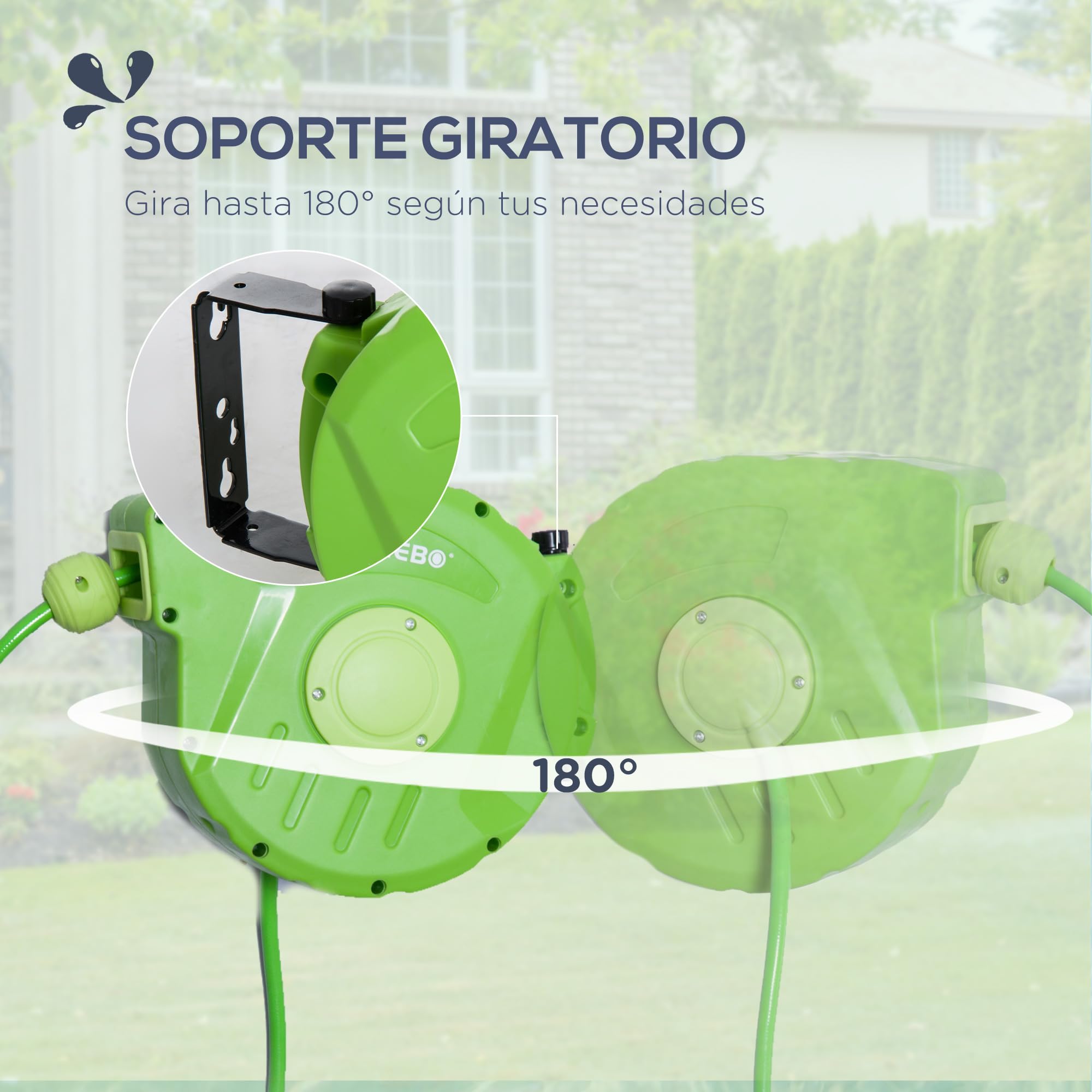 Outsunny Carrete para Manguera Enrollable, Carro de Manguera de Jardín, Portamanguera 10m Roll-up Automático Giratorio 180° con Pistola de Pulverización Gran Alcance Base de Pared para Terraza, Verde