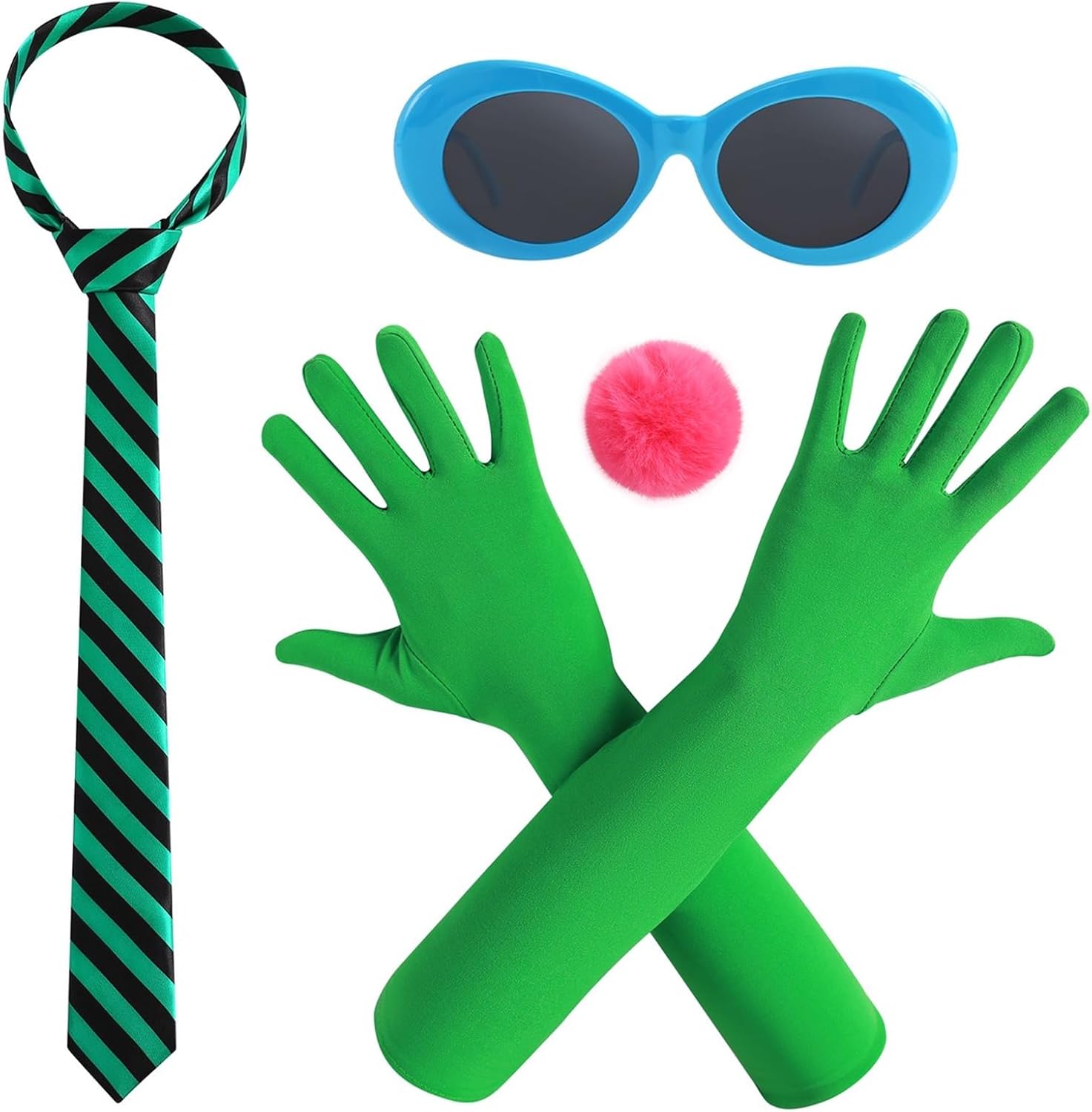 4PC Green Costume Accessories for Adult Stripe Tie Gloves Sunglasses and Pom Pom Ball Brooch Cosplay Party Dress up