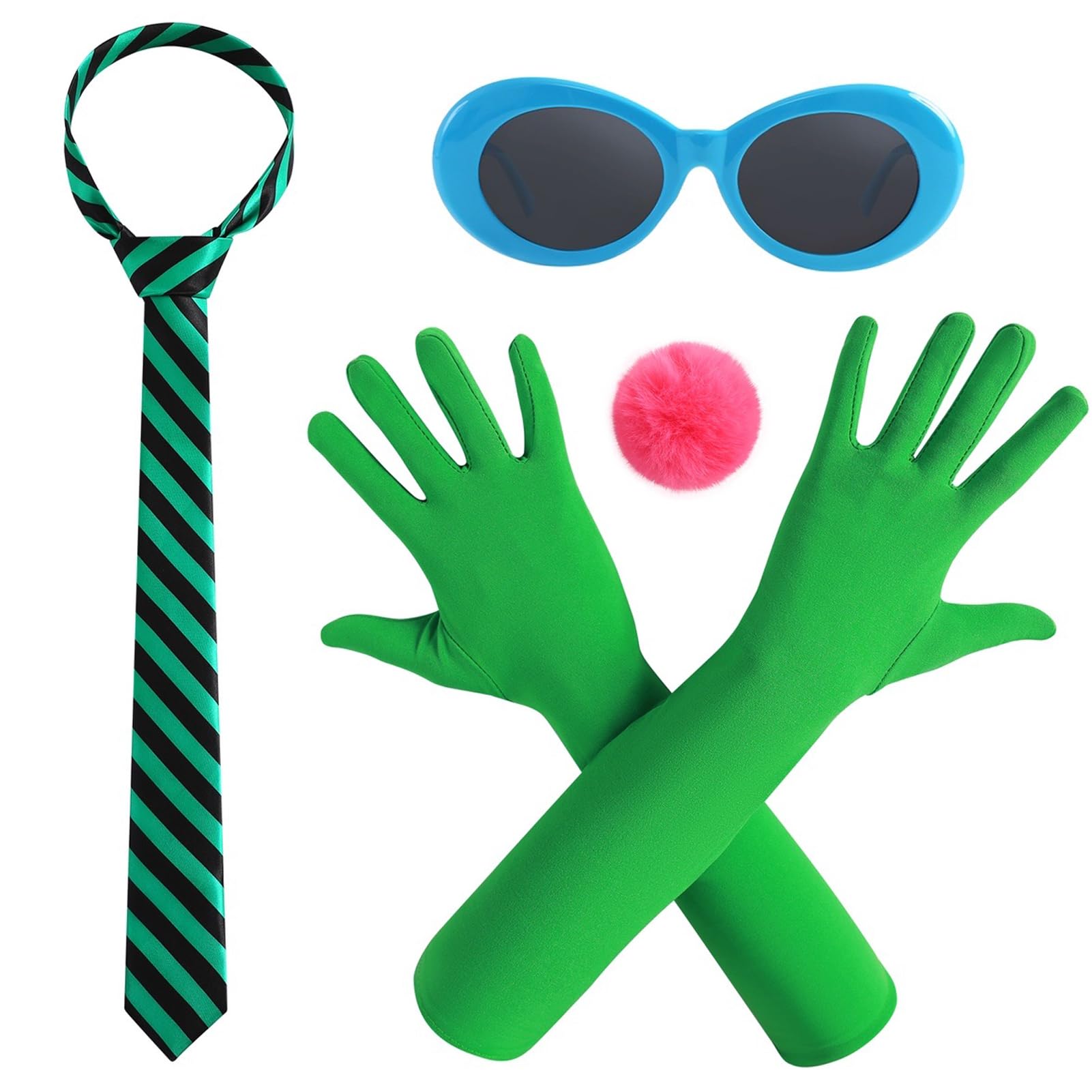 Neujiwo 4PC Green Costume Accessories for Adult Stripe Tie Gloves Sunglasses and Pom Pom Ball Brooch Cosplay Party Dress up for Onceler