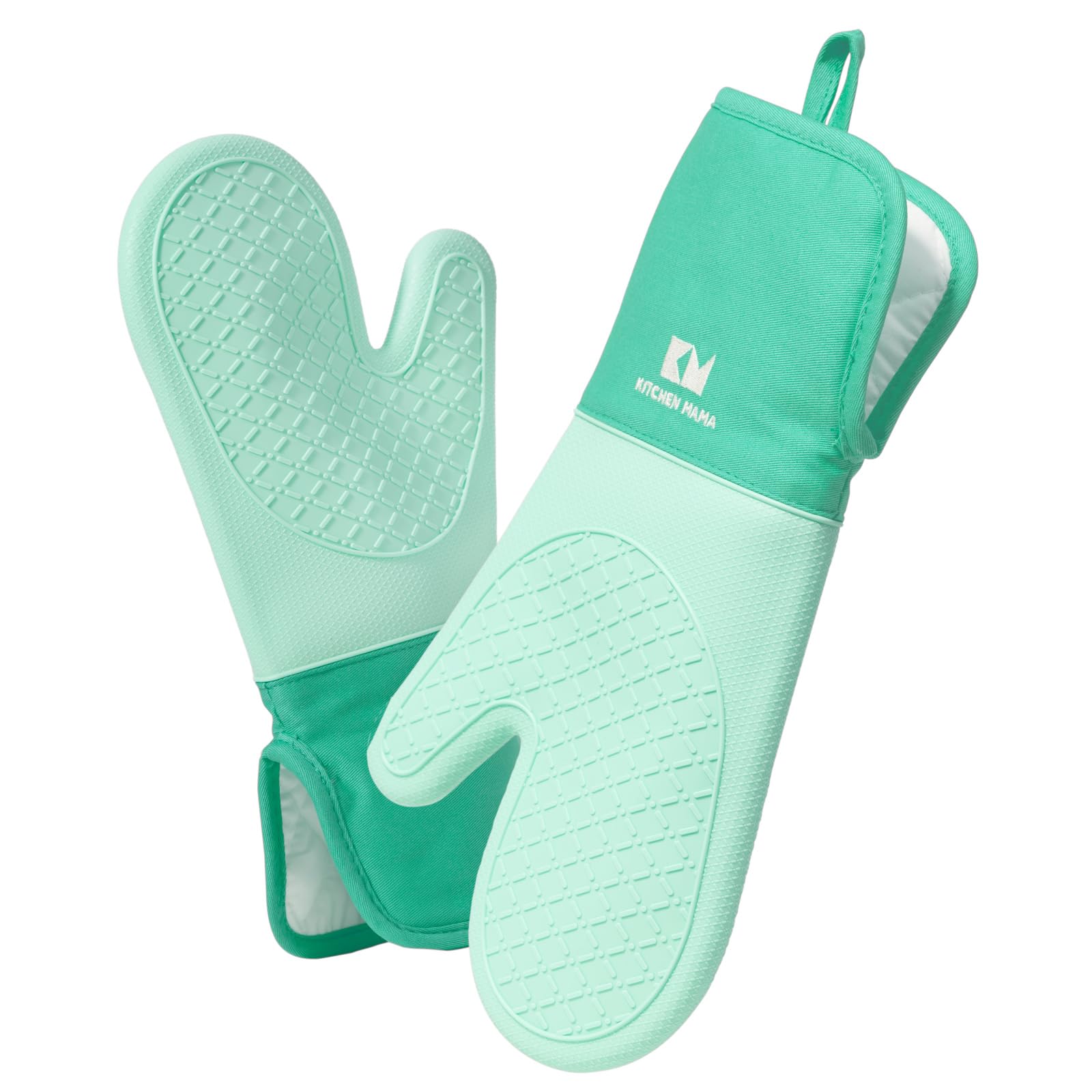 Kitchen Mama 2PCS UltraShield Silicone Oven Gloves Heat Resistant – Non-Slip, Stain-Resistant, Food-Grade Silicone Kitchen Gloves & Pot Holders for Baking, Grilling, Triple-Layer Oven Mitts (Teal)