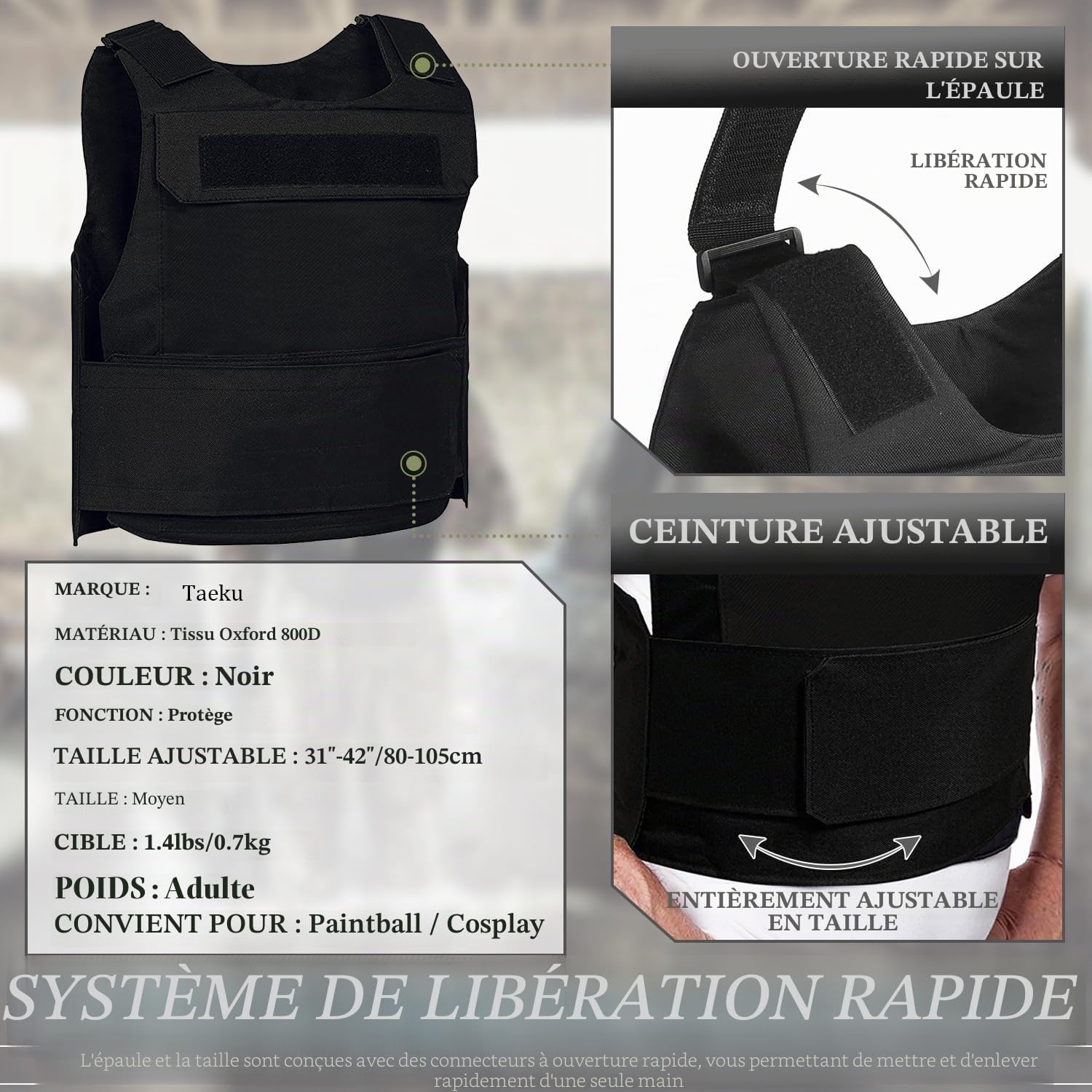 Taeku Gilet Tactique, Oxford Paintball Airsoft Gilet pour Camping CS Randonnée Chasse À L'extérieur