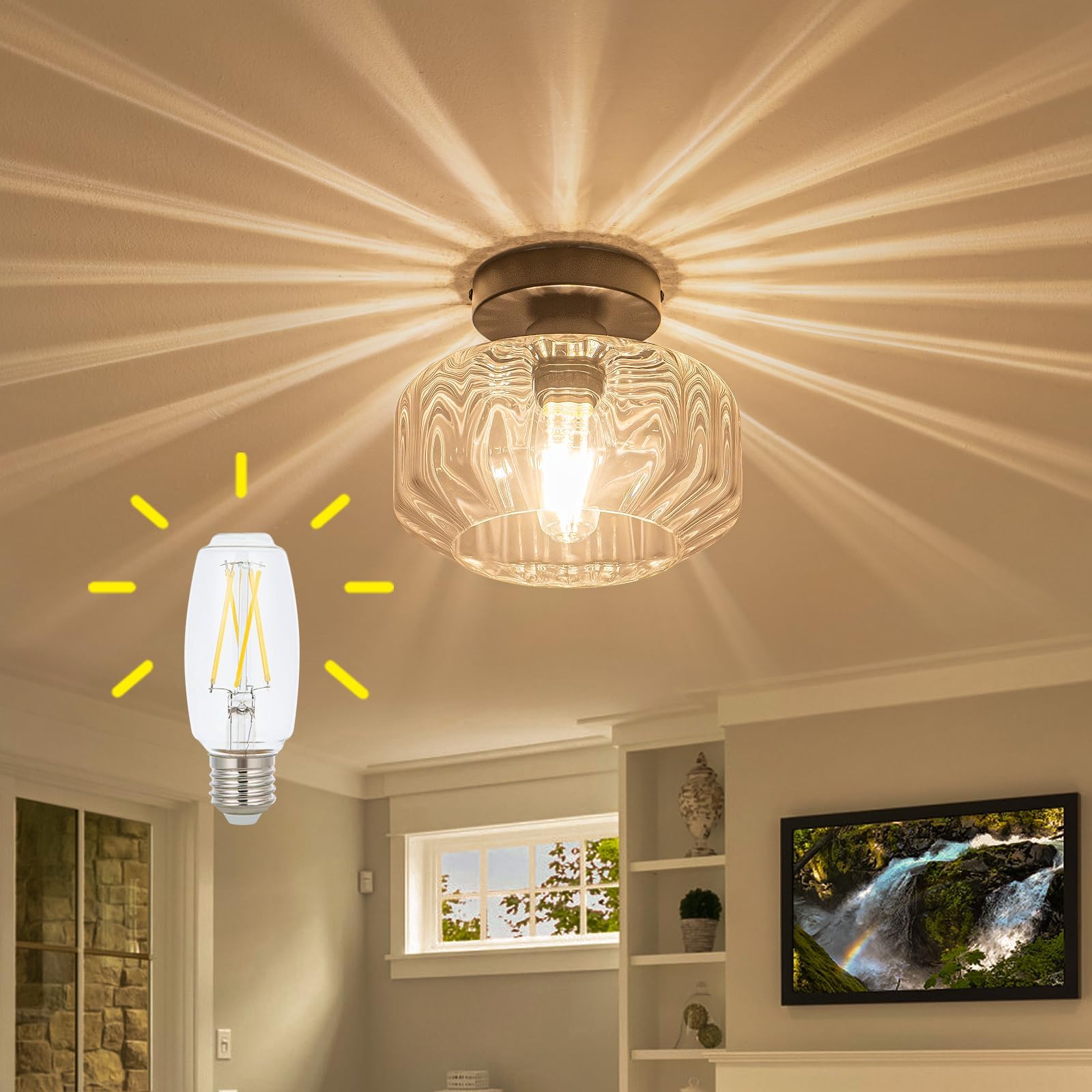 Stylish semi Flush Mount Ceiling Light with Retro Charm Hexagonal Diamond Textured Glass Shade Black Base Includes LED 1200 lumens Bulbs - Ideal for Living Room, Office, and Kitchen Hallway…