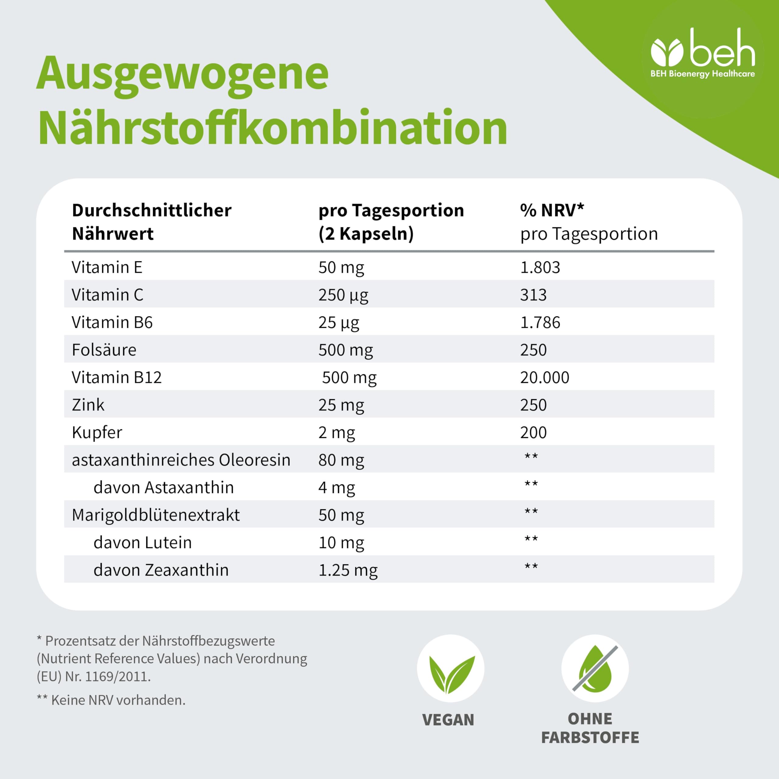 beh Makula extra Kapseln, 180 Stück | Augenvitamine C, E, Folsäure, Vitamin B6, B12, Zink & Kupfer