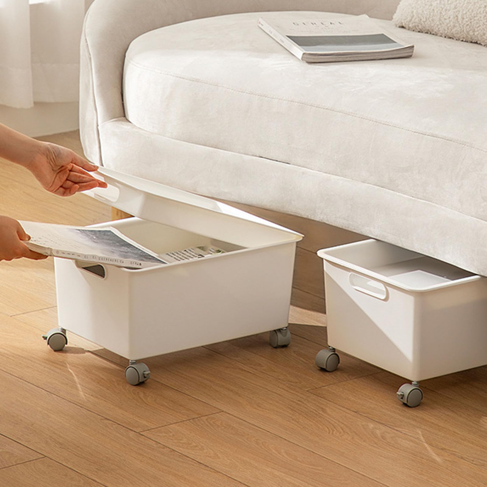 Contenedores de almacenamiento con ruedas, caja de almacenamiento rodante, caja de archivos rodante, cesta para libros, organizador de adornos con ruedas para libros, ropa, zapatos (Blanca)