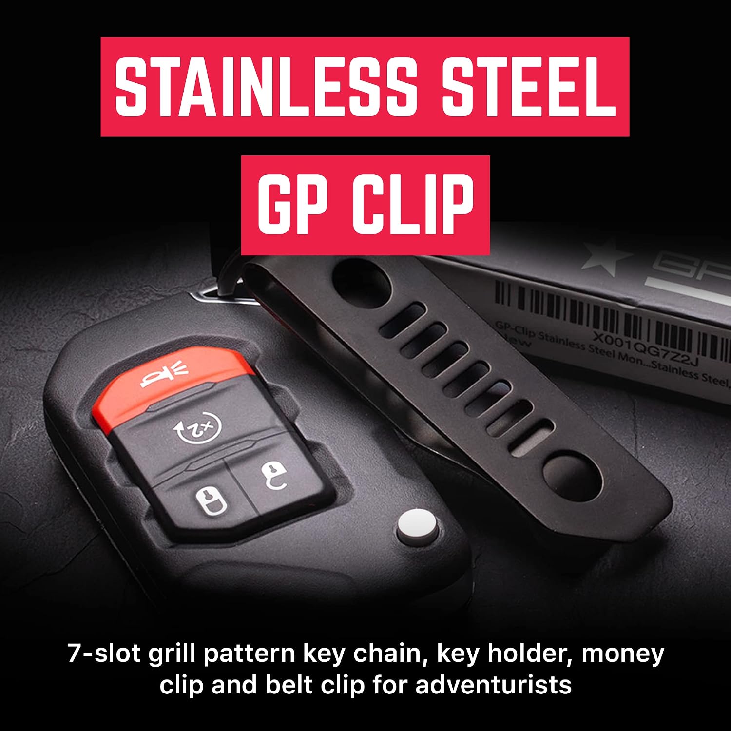 GPCA - GP Money Clip, Belt Key Holder, Heavy-Duty Keychain Clip for Outdoor and Daily Use, Handy 7 Slot Wrangler Grill Pattern, Stainless Steel, Gift for wrangler owner - Jet Black