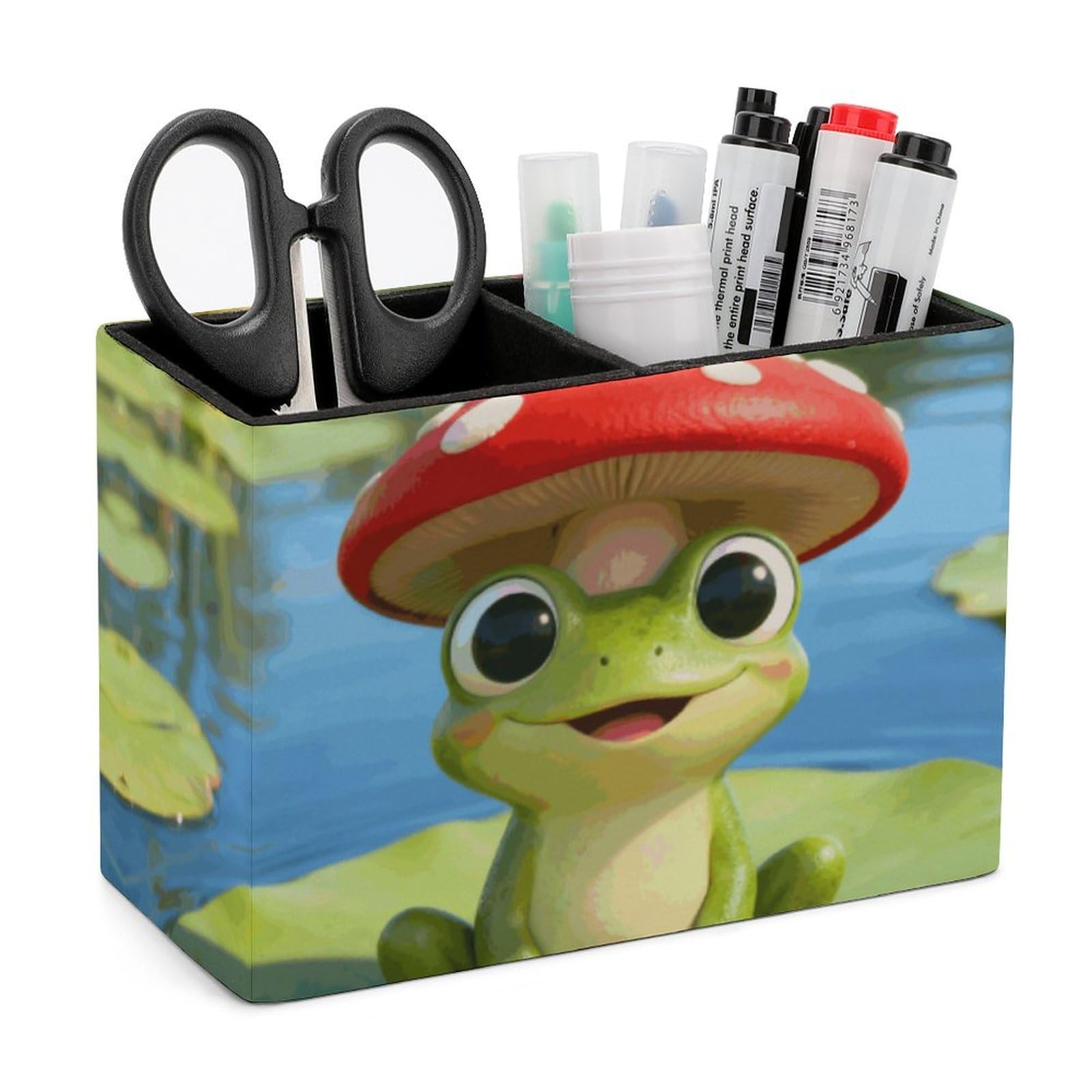 LZQPOEAS Exquisite Patterns PU Leather Pen Holder, Multifunctional Desktop Organizer Caddy with 2 Compartments, Cute Frog Red Mushroom Pencil Cup Makeup Brush Holder for Office Home