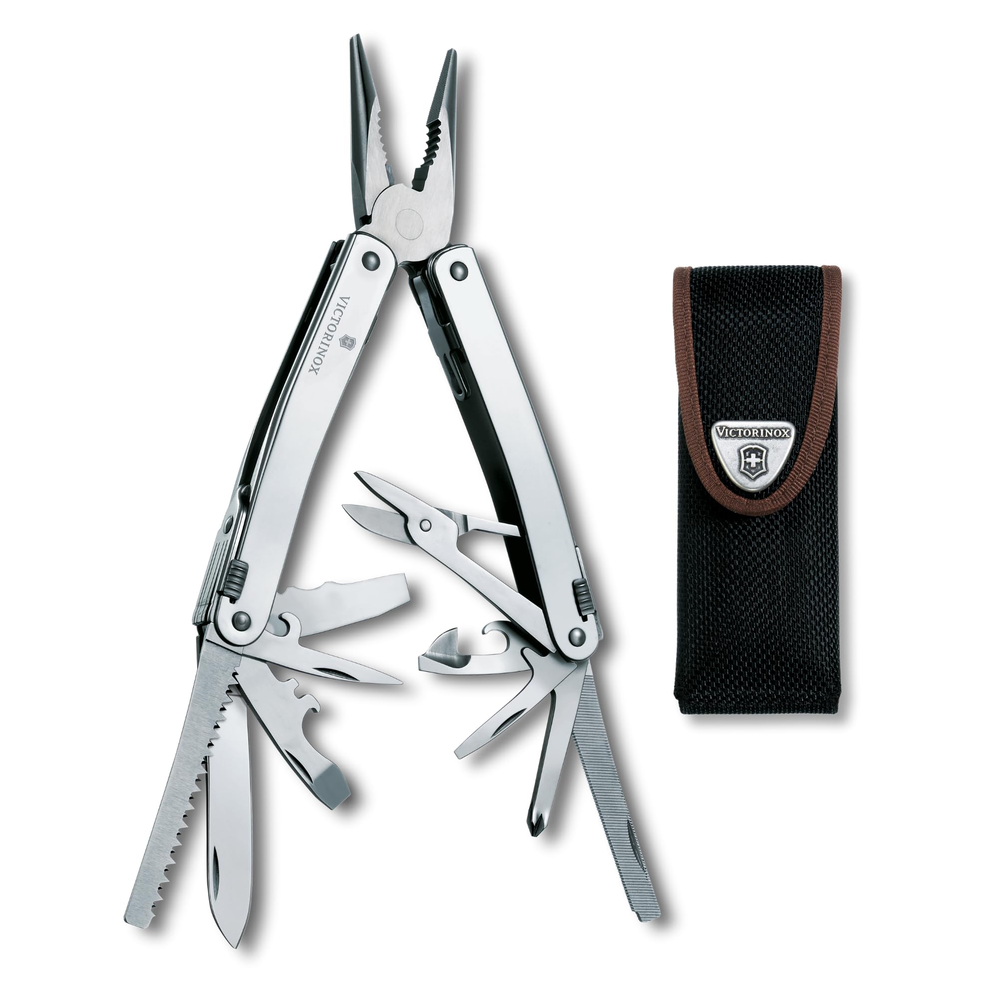 Victorinox Multifunktionswerkzeug Swiss Tool Spirit X, 24 Funktionen, Multitool mit Feststellklinge und Kombi-Spitzzange, Inkl. Nylon-Etui, Silber