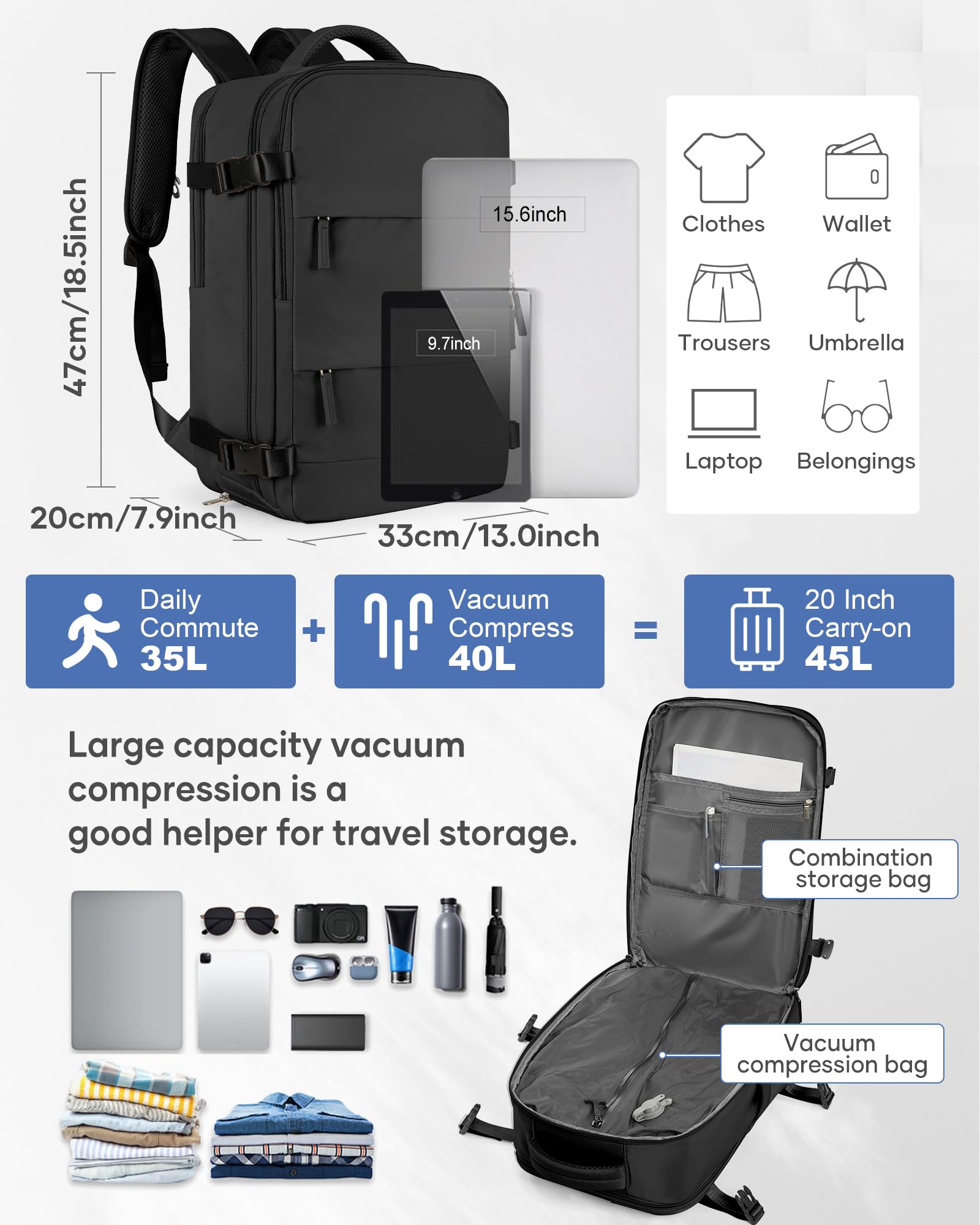 SZLX Zaino Ryanair 40x30x20 Sottovuoto con Pompa Zaino Ryanair 40x20x25 Donna Zaino da Viaggio Wizzair Bagaglio a Mano Uomo per Laptop da 14 Pollici Borse da Cabina 45x36x20 Easyjet con Porta Scarpe