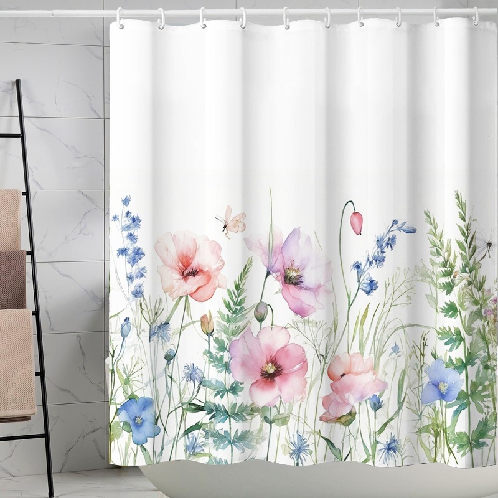 Shower Curtains Blue Pink Floral Wet Room Shower Curtain Mould Proof Resistant Waterproof Polyster Fabric Washable with 12 Hooks Garden Bathroom Curtains (180x180cm)