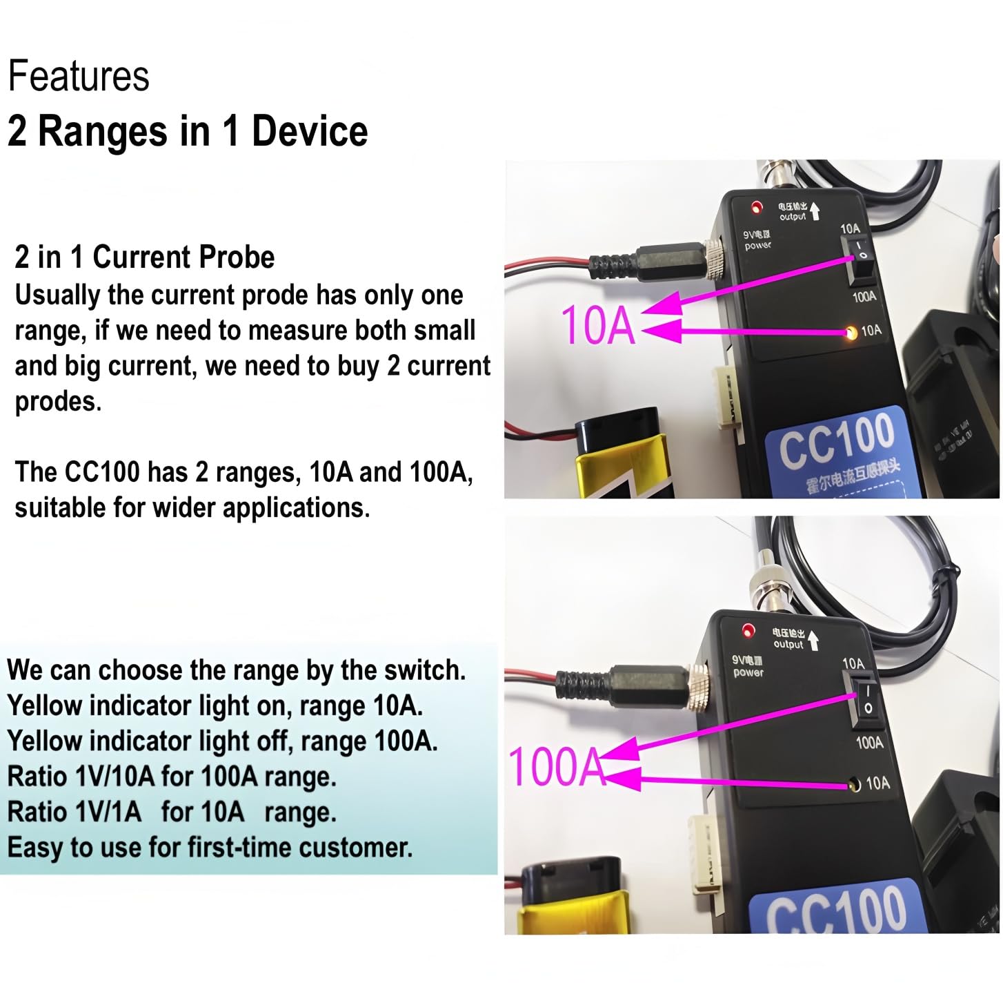 Oscilloscope Current Probe CC100 Current Probe for Oscilloscope Range 100A / 10A Bandwidth DC-50KHz BNC Interface