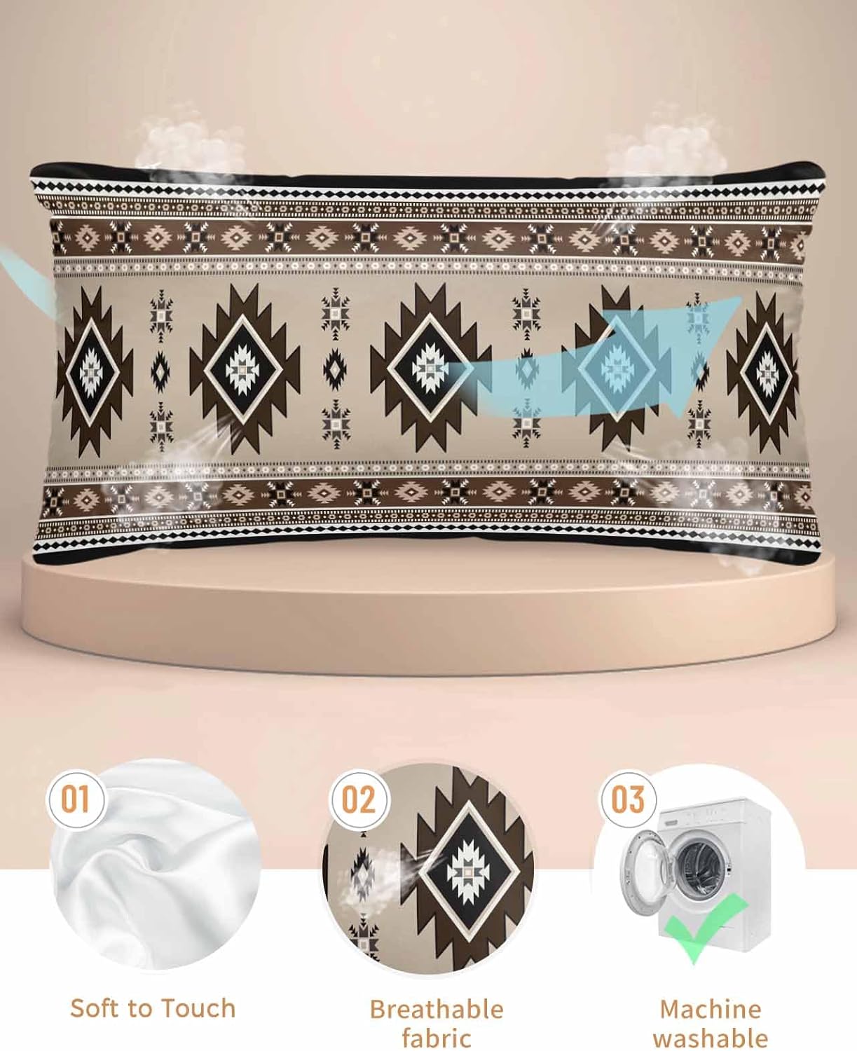 Brown Aztec Pillow Cases Cal King Size, Boho Southwest Ethnic Neutral Motifs Satin Pillowcase with Zipper for Hair/Skin, Decorative Pillow Covers for Bed/Couch/Sofa, 20x40 Inches