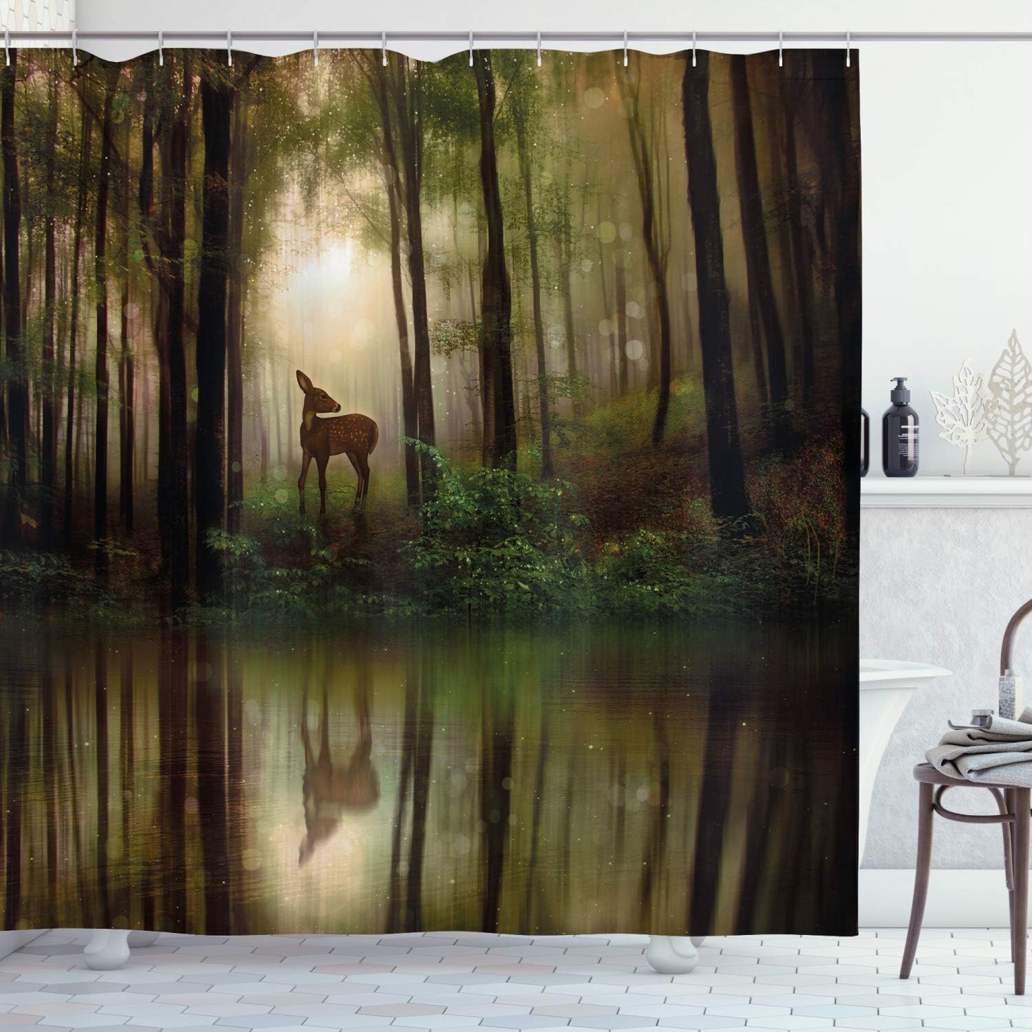 Ambesonne Nature Shower Curtain, Deer in The Forest Reflection on Lake Foggy Woodland Graphic, Cloth Fabric Bathroom Decor Set with Hooks, 69" W x 75" L, Fern Green Brown Cocoa