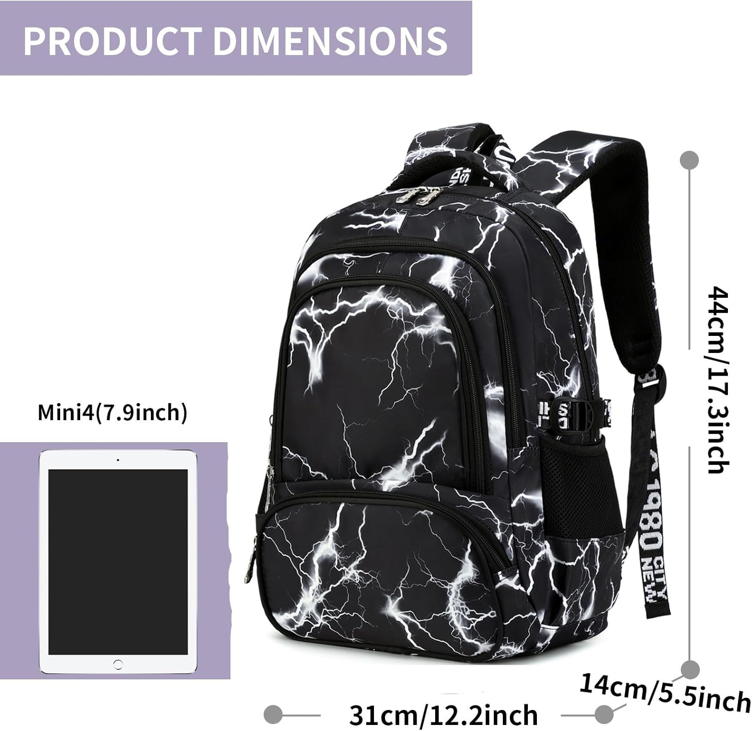 School Backpack Lunch Box Set Water Repellent Casual Daypack Lightweight Bookbags for Kids (A-style Lighting Black)