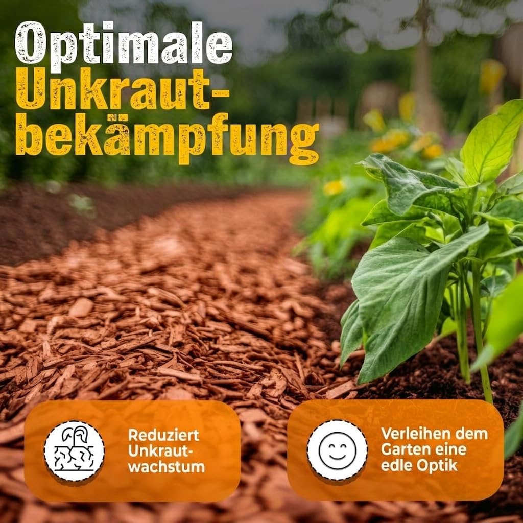 Hackschnitzel rot 100L (2x50L) | Kein Abfärben | Extra Lange Haltbarkeit durch Technische Trocknung | 10-40mm Dekormulch Ziegelrot | Premium Holzmulch