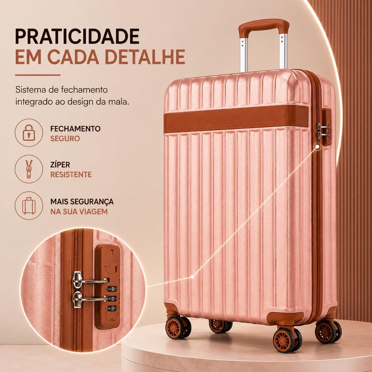 Mala de Viagem Pequena Bordo 360° Rígida com Rodinhas Giro Duplo e Cadeado Integrado, Leve, Resistente e Elegante para Avião e Viagens Curtas (Rose Gold)