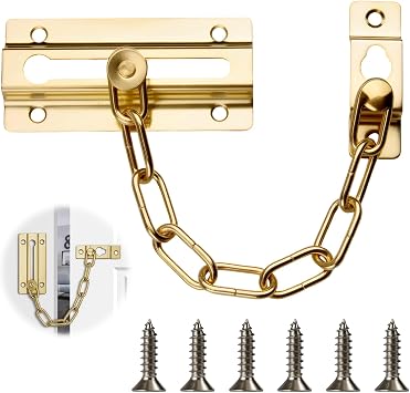Door Chain Lock Heavy Duty Safety Chain Lock Polished Brass Sliding Bolt | Rustproof Internal Door Restrictor Security Latch Chain Lock for Front Door Home Hotel Bedroom Apartment Living Motel, Golden