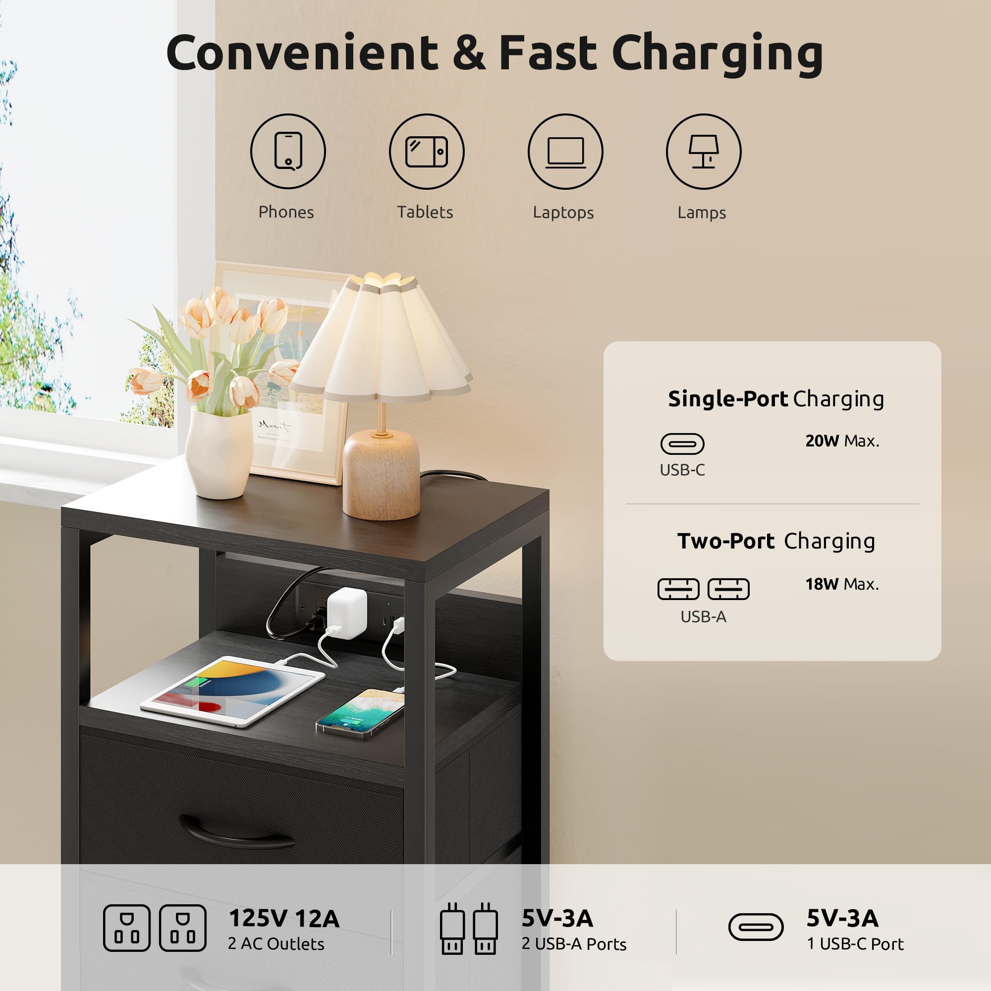 Mesita de noche de carga para dormitorio, mesita de noche con estación de carga, moderna mesita de noche con estante abierto y 2 cajones de tela, mesa auxiliar de cama con puertos USB USB-C y salidas 3
