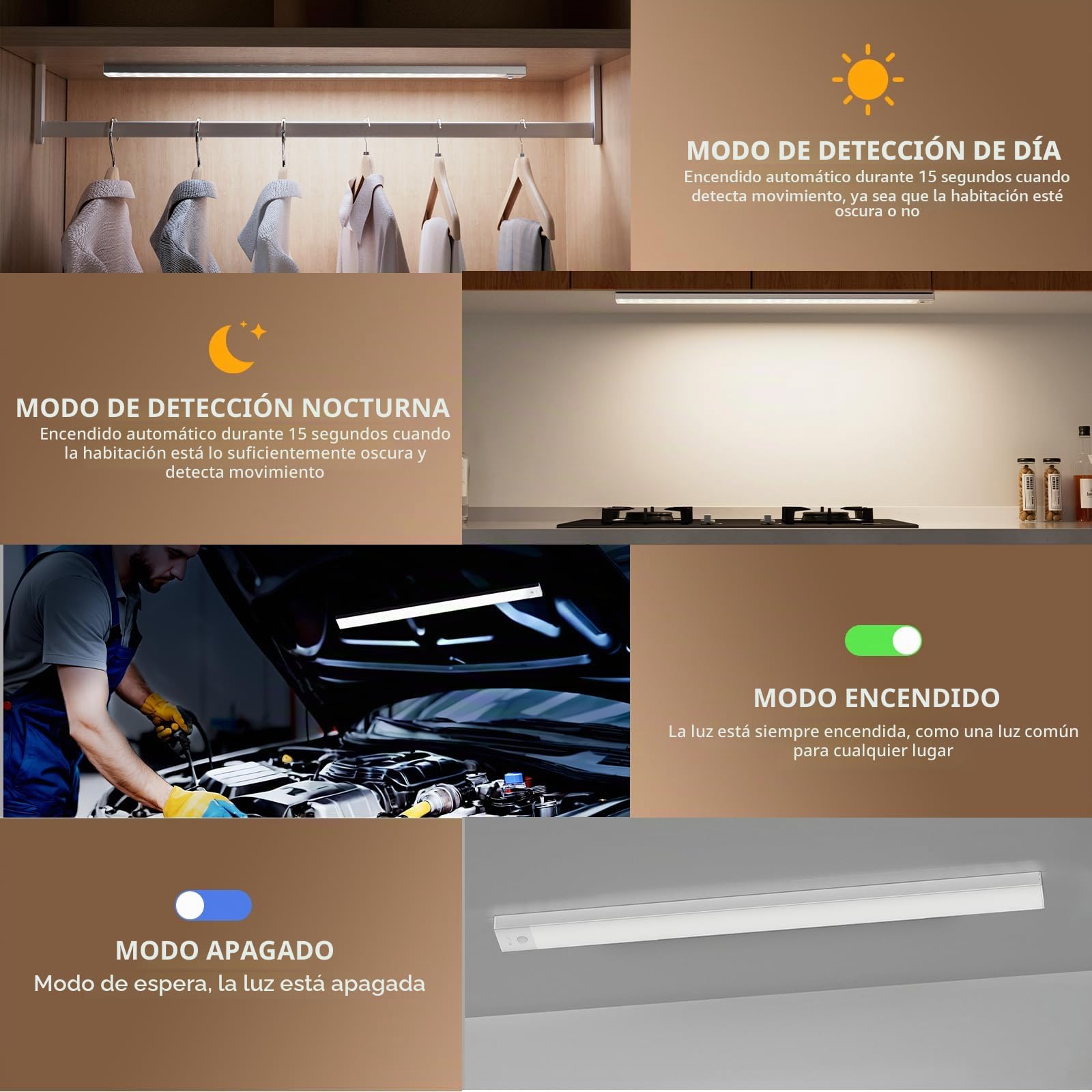 OUILA - Lámpara de armario led recargable de 60 cm, regulable, para interior, inalámbrica, con sensor de movimiento, luz de 3000K/4000K/6500K, para armarios, pasillos, escaleras y cocinas