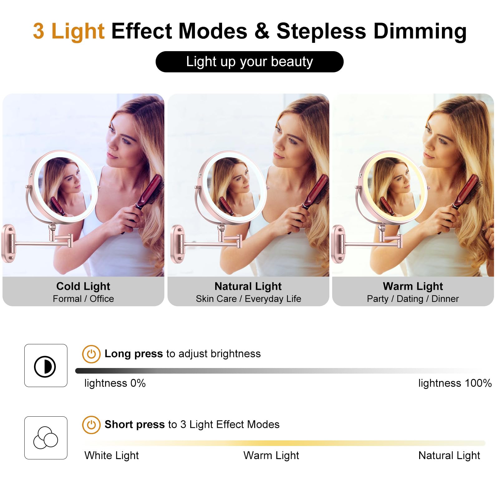 Espejo de maquillaje iluminado montado en la pared de 9 pulgadas, recargable de 4000 mAh, espejo de aumento de doble cara 1X/30X con luz, regulable al tacto, brazo extendido, rotación de 360 grados
