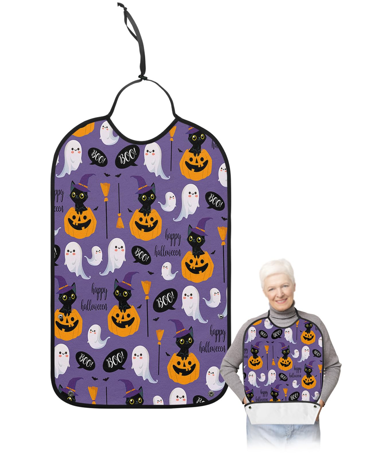 LEOKOTI Halloween Adult Bibs for Eating, Waterproof Bibs with Food Catcher & Adjustable Snap Closure, Purple Fall Pumpkin Black Cat Ghost Washable Clothing Protectors Adult Bibs for Elderly Women/Men