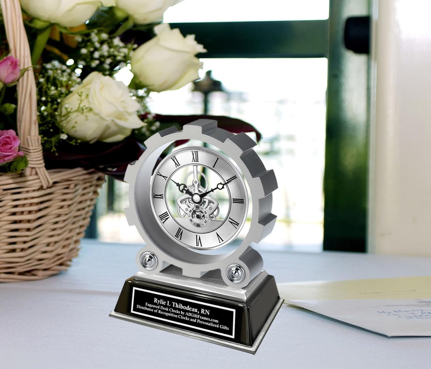 AllGiftFrames Gear Shaped Desk Clock Engraved Etched Engineering Retirement Graduation School Gift Executive Engineer Birthday Employee Service Award Years of Service Month