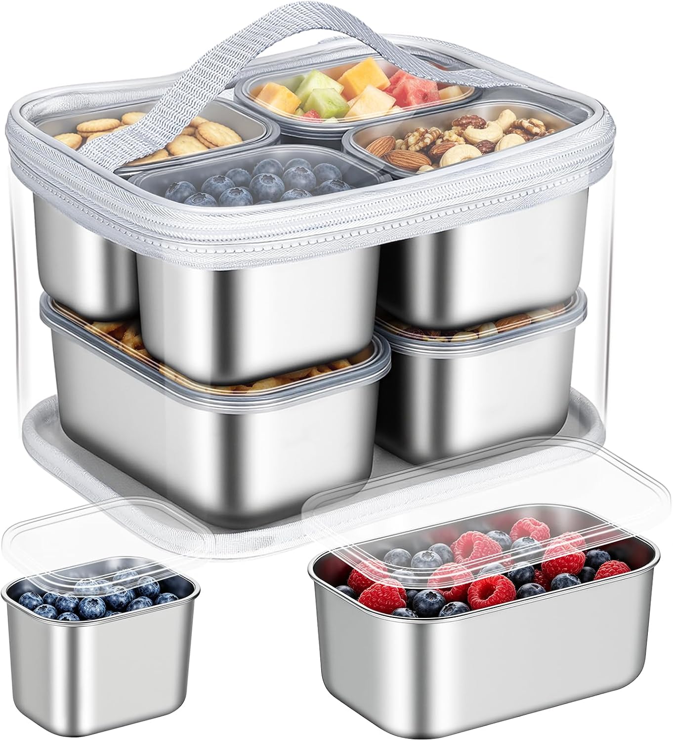 Snackle Box Container, 6 Stainless Steel Compartments with Individual Lids