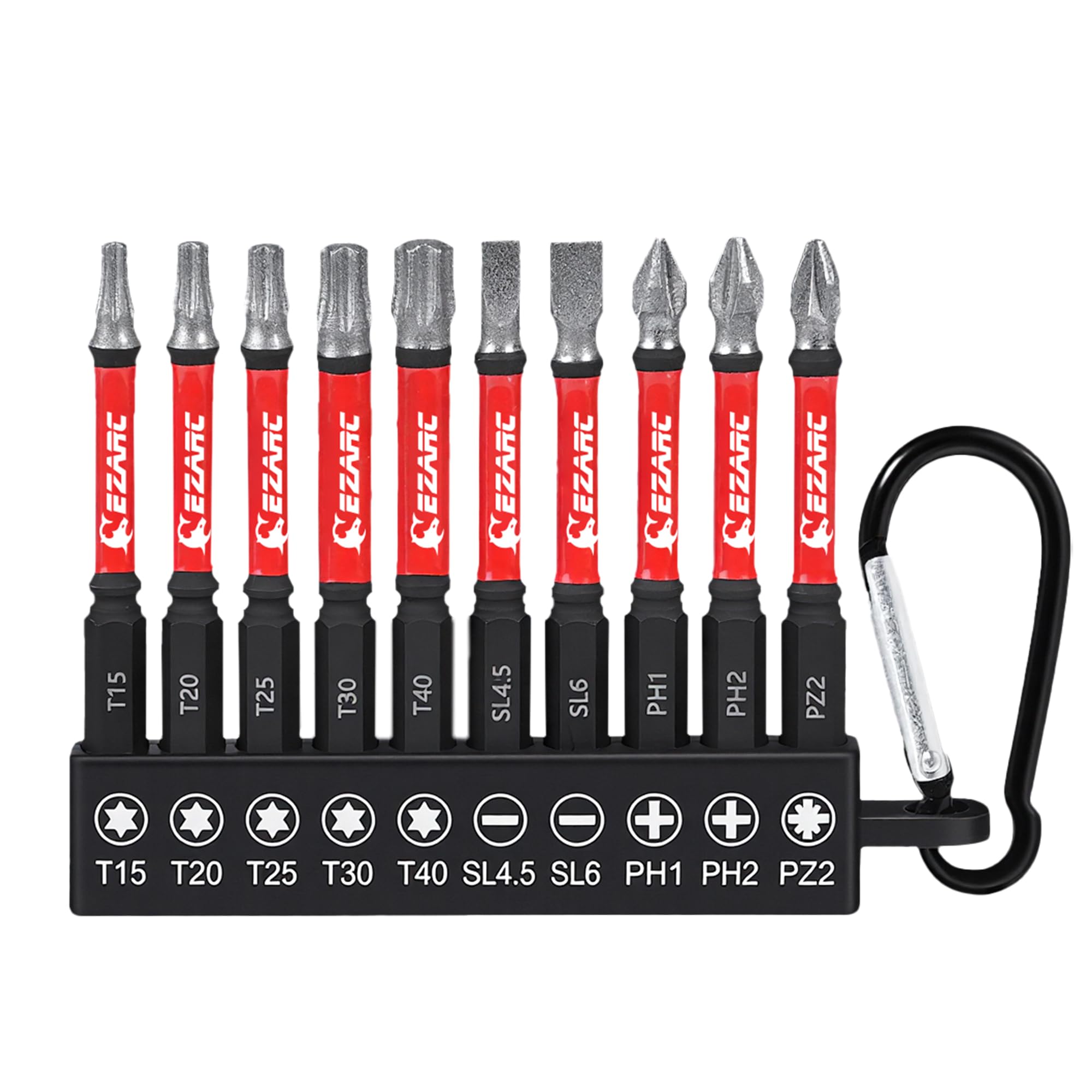 EZARC Diamond Tip Screwdriver Bit Set, Anti-Slip Magnetic 2-9/16"(65mm) Torx Phillips Pozidriv Slotted Bits, S2 Alloy Steel, 1/4" Hex Shank for Impact Driver & Power Drill, 10-Piece